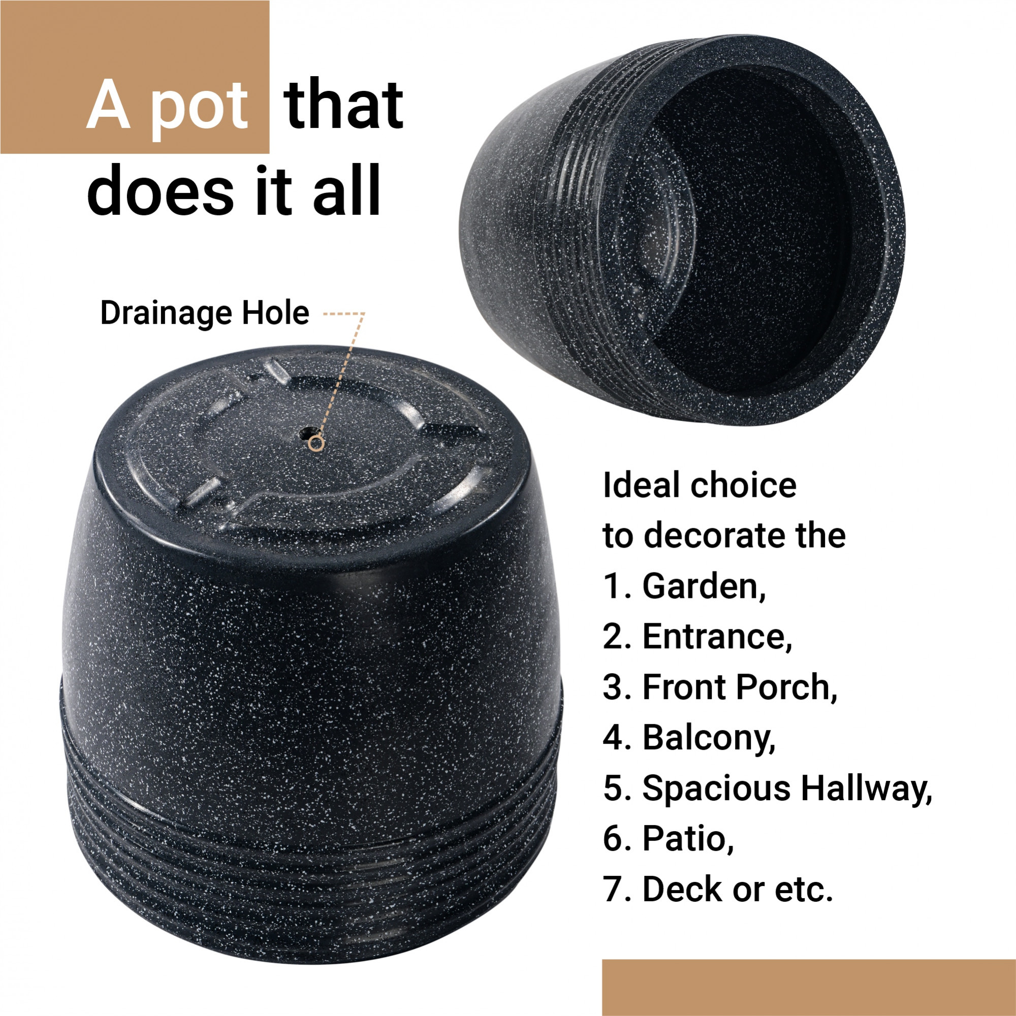 Kuber Industries 10-Inch Roto Mould German Polymer Big Size Flower Pot with Bottom Tray  IndoorOutdoor Tree Gamla Planter for Resorts Hotels Terrace  Garden  Marble Sunshine - Black