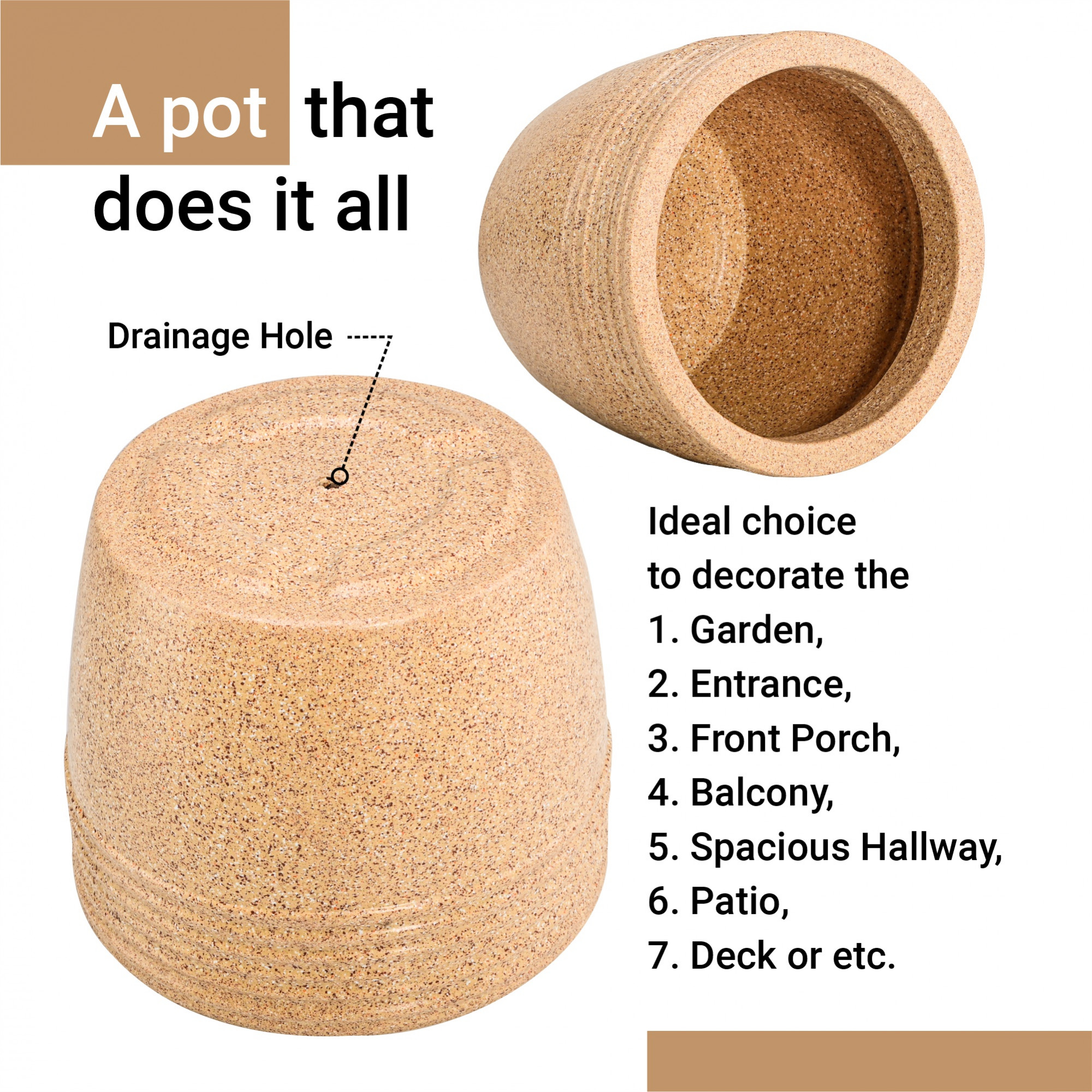 Kuber Industries 10-Inch Roto Mould German Polymer Big Size Flower Pot with Bottom Tray  IndoorOutdoor Tree Gamla Planter for Living Room Resorts Hotels Terrace  Garden  Marble Sunshine - Sand