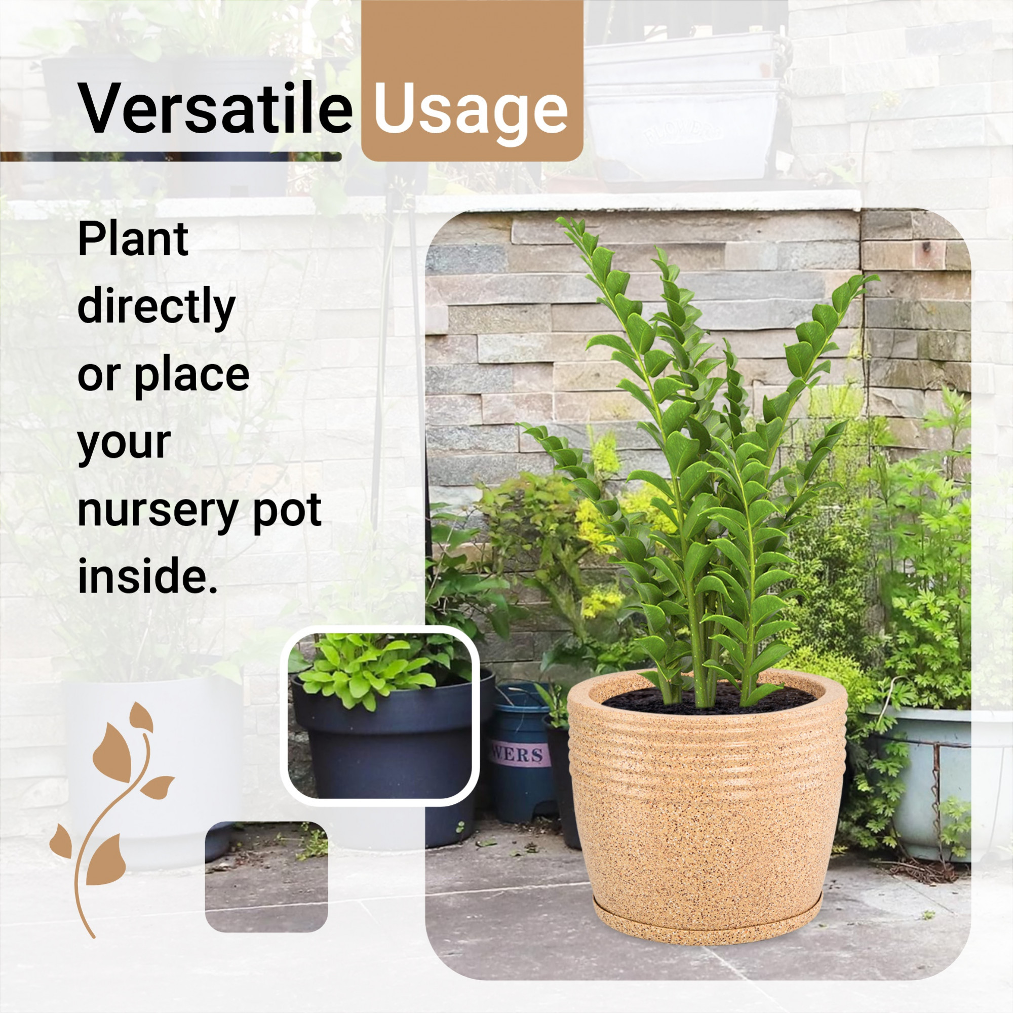 Kuber Industries 10-Inch Roto Mould German Polymer Big Size Flower Pot with Bottom Tray  IndoorOutdoor Tree Gamla Planter for Living Room Resorts Hotels Terrace  Garden  Marble Sunshine - Sand
