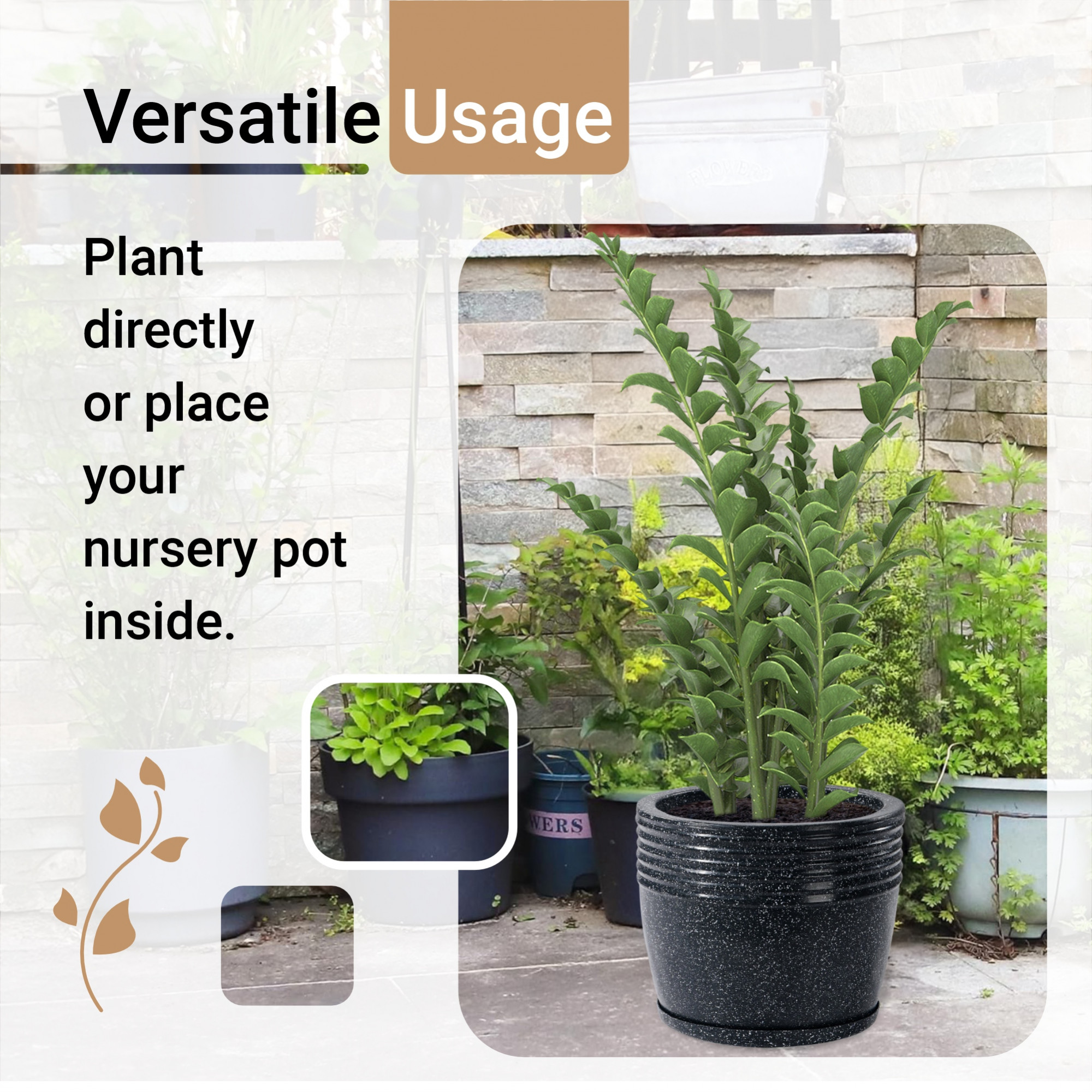 Kuber Industries 10-Inch Roto Mould German Polymer Big Size Flower Pot with Bottom Tray  IndoorOutdoor Tree Gamla Planter for Resorts Hotels Terrace  Garden  Marble Sunshine - Black