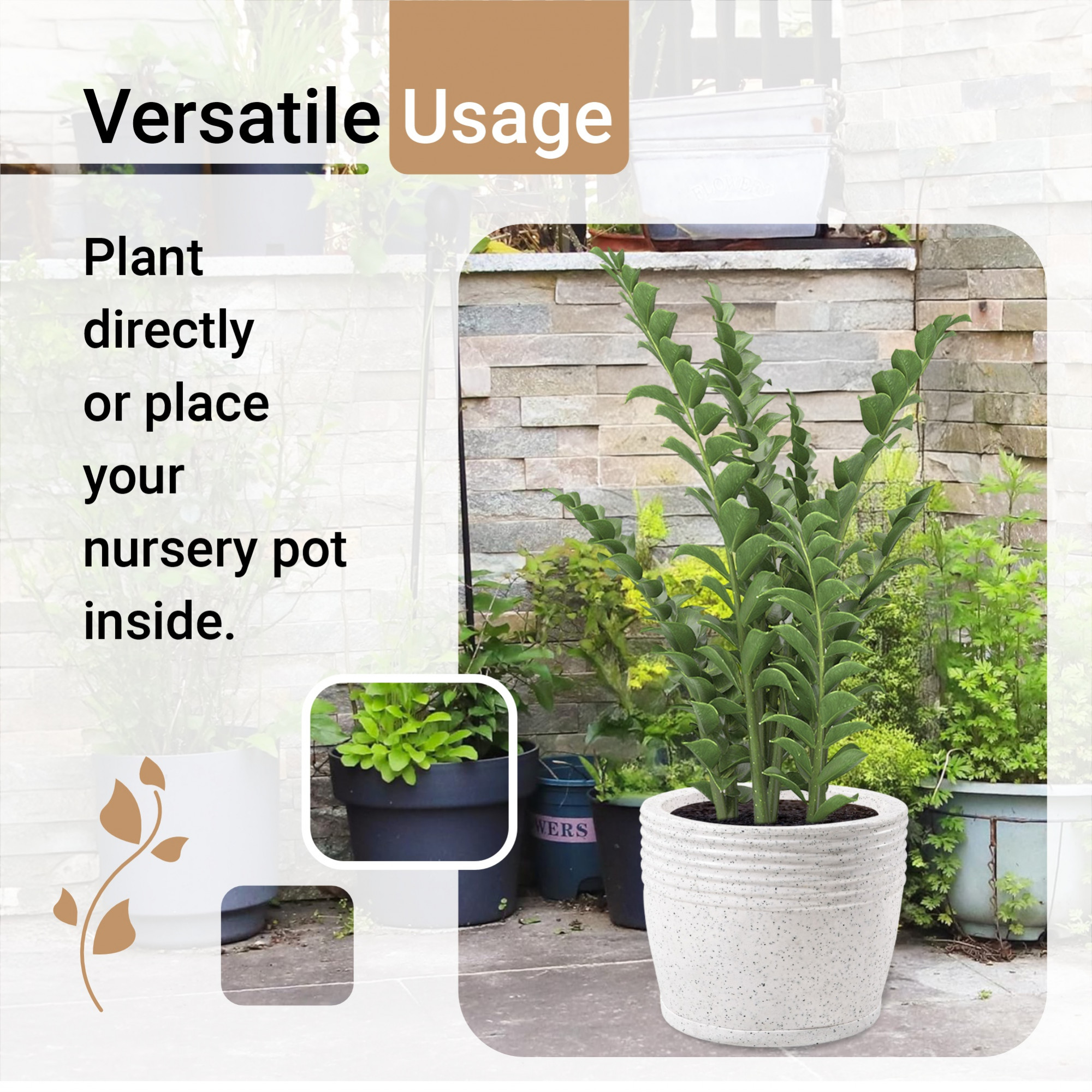 Kuber Industries 10-Inch Roto Mould German Polymer Big Size Flower Pot with Bottom Tray  IndoorOutdoor Tree Gamla Planter for Resorts Hotels Terrace  Garden  Marble Sunshine - White