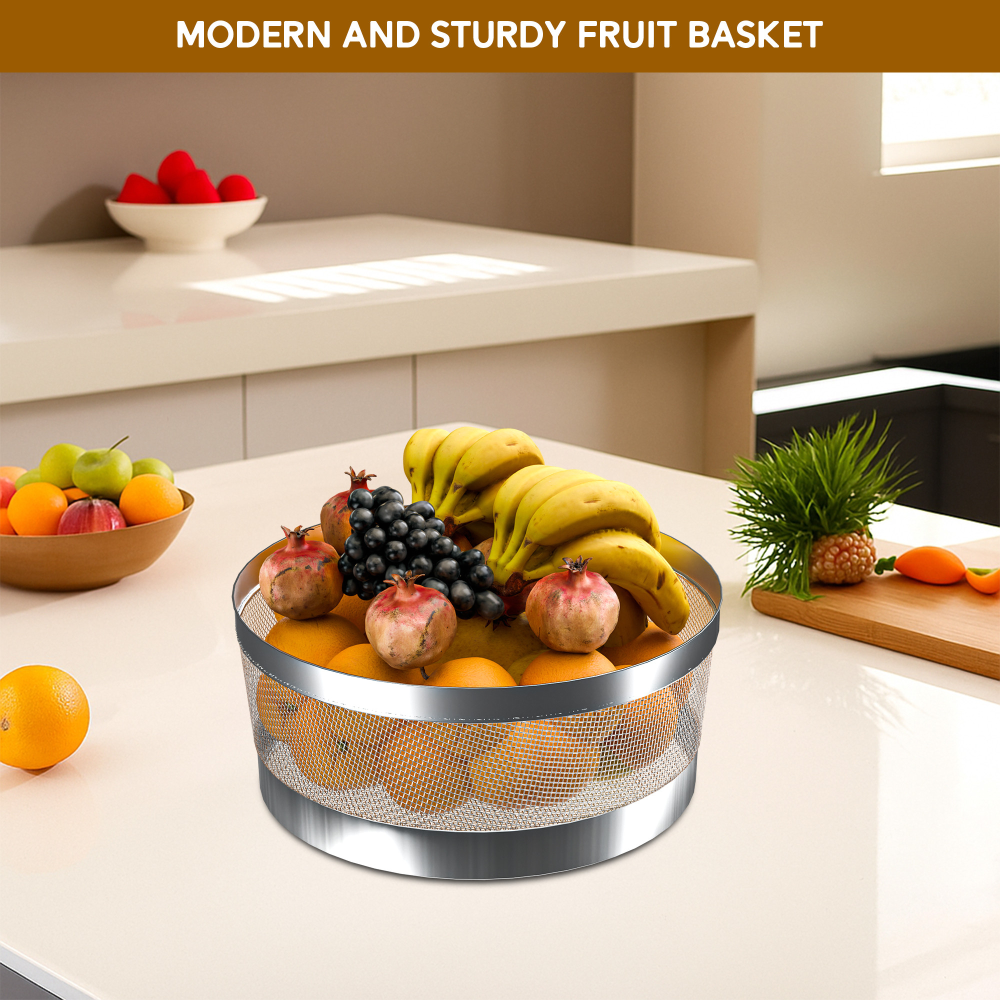 Kuber Industries 10 Inch Stainless Steel Mesh Fruit Basket for Dining Table with Lid Net Cover  Strainer Vegetable Basket for Modular Kitchen  Keep Flies Bugs Mosquitoes Away  Silver