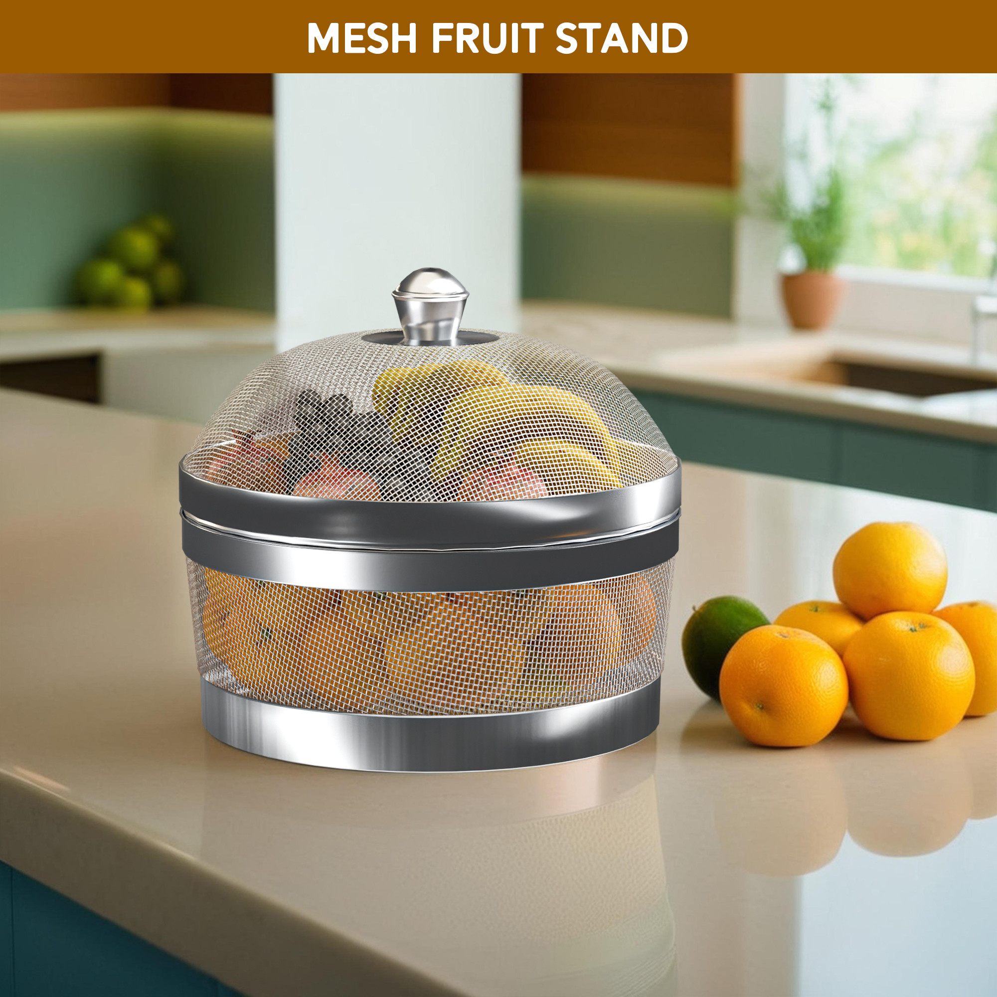 Kuber Industries 10 Inch Stainless Steel Mesh Fruit Basket for Dining Table with Lid Net Cover  Strainer Vegetable Basket for Modular Kitchen  Keep Flies Bugs Mosquitoes Away  Silver