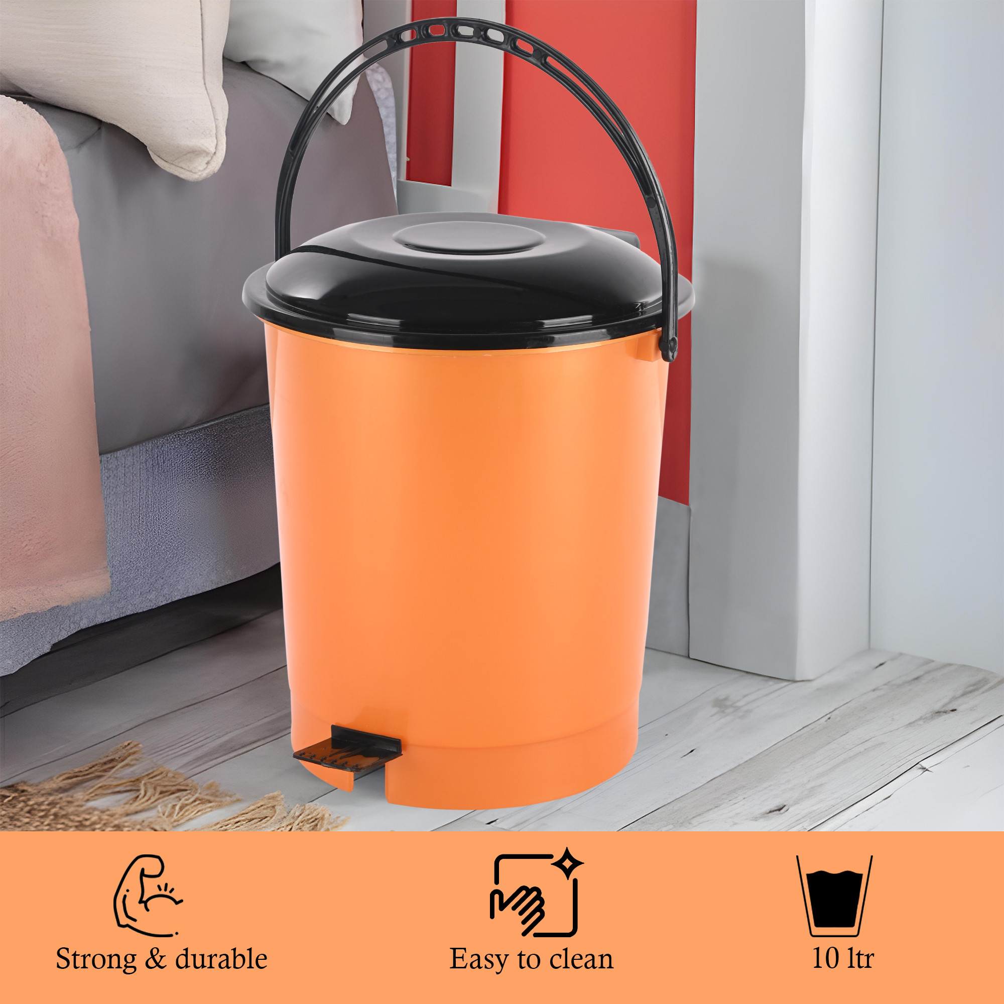 Kuber Industries 10 Ltr Plastic Dustbin for Home with Pedal Lid  Handle  Dustbin for Kitchen Bathroom  Office  Garbage Bin for Wet or Dry Waste  Check Dhakkan- Orange