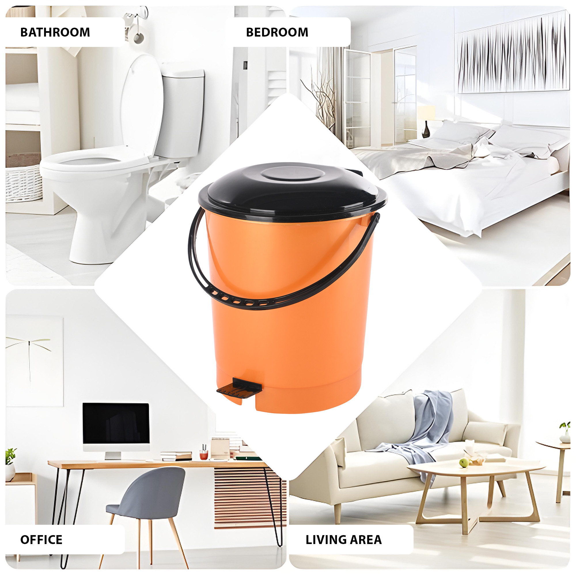 Kuber Industries 10 Ltr Plastic Dustbin for Home with Pedal Lid  Handle  Dustbin for Kitchen Bathroom  Office  Garbage Bin for Wet or Dry Waste  Check Dhakkan- Orange