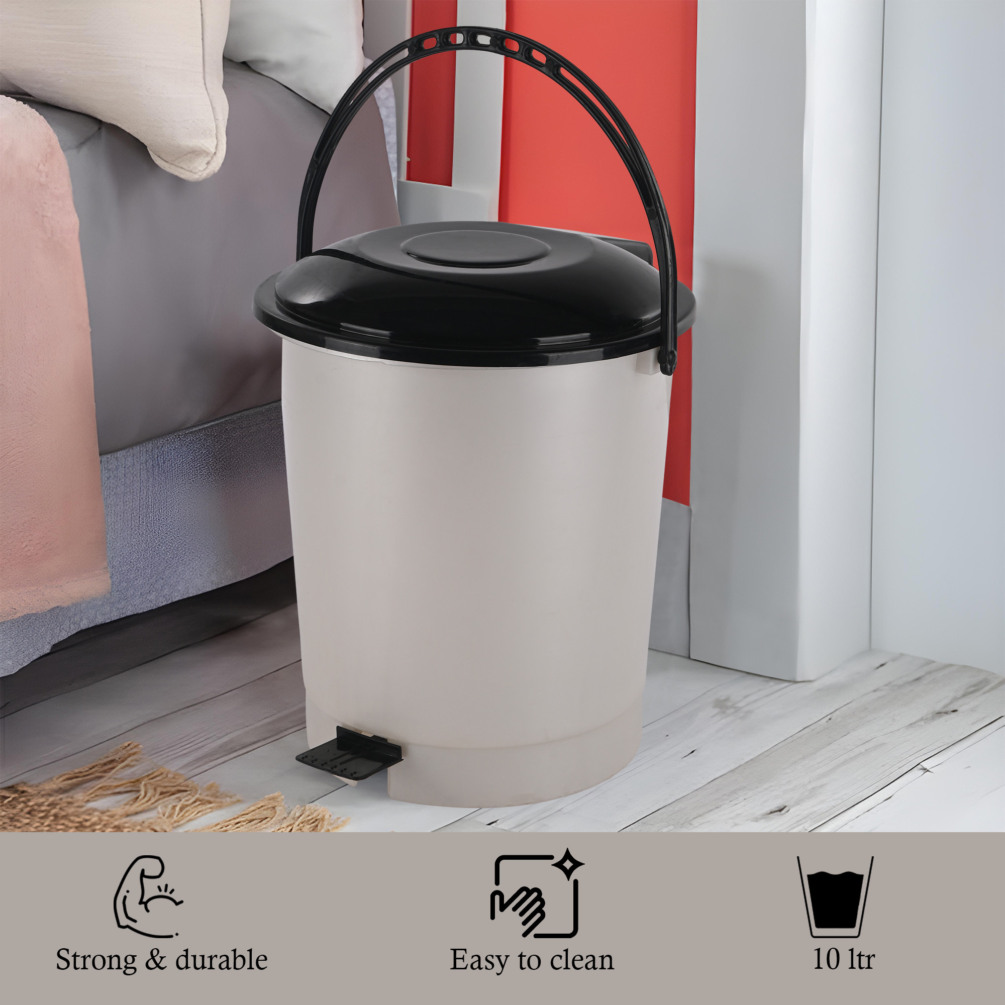 Kuber Industries 10 Ltr Plastic Dustbin for Home with Pedal Lid  Handle  Dustbin for Kitchen Bathroom  Office  Garbage Bin for Wet or Dry Waste  Check Dhakkan- White