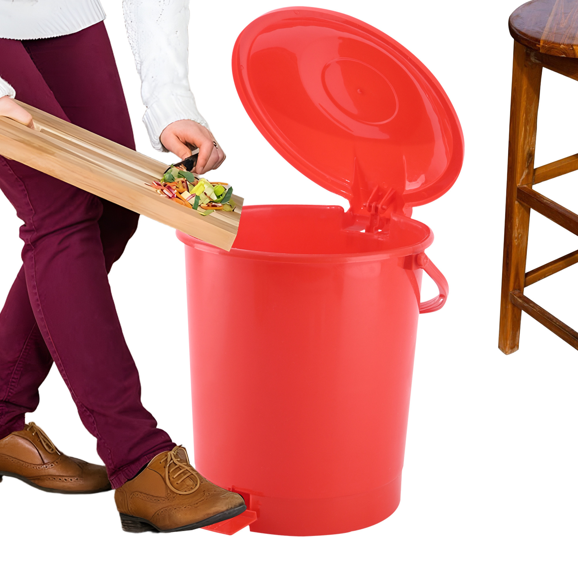 Kuber Industries 10 Ltr Plastic Pedal Dustbin With Handle  Lightweight  Multipurpose Garbage Waste Bin For Home Kitchen Bathroom  Office  Red