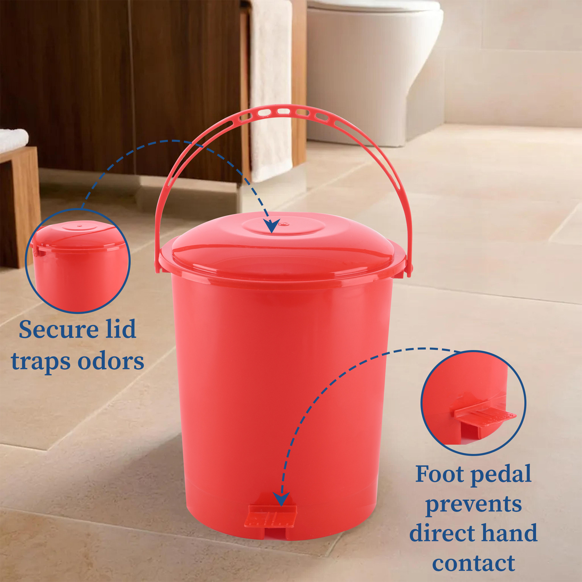 Kuber Industries 10 Ltr Plastic Pedal Dustbin With Handle  Lightweight  Multipurpose Garbage Waste Bin For Home Kitchen Bathroom  Office  Red