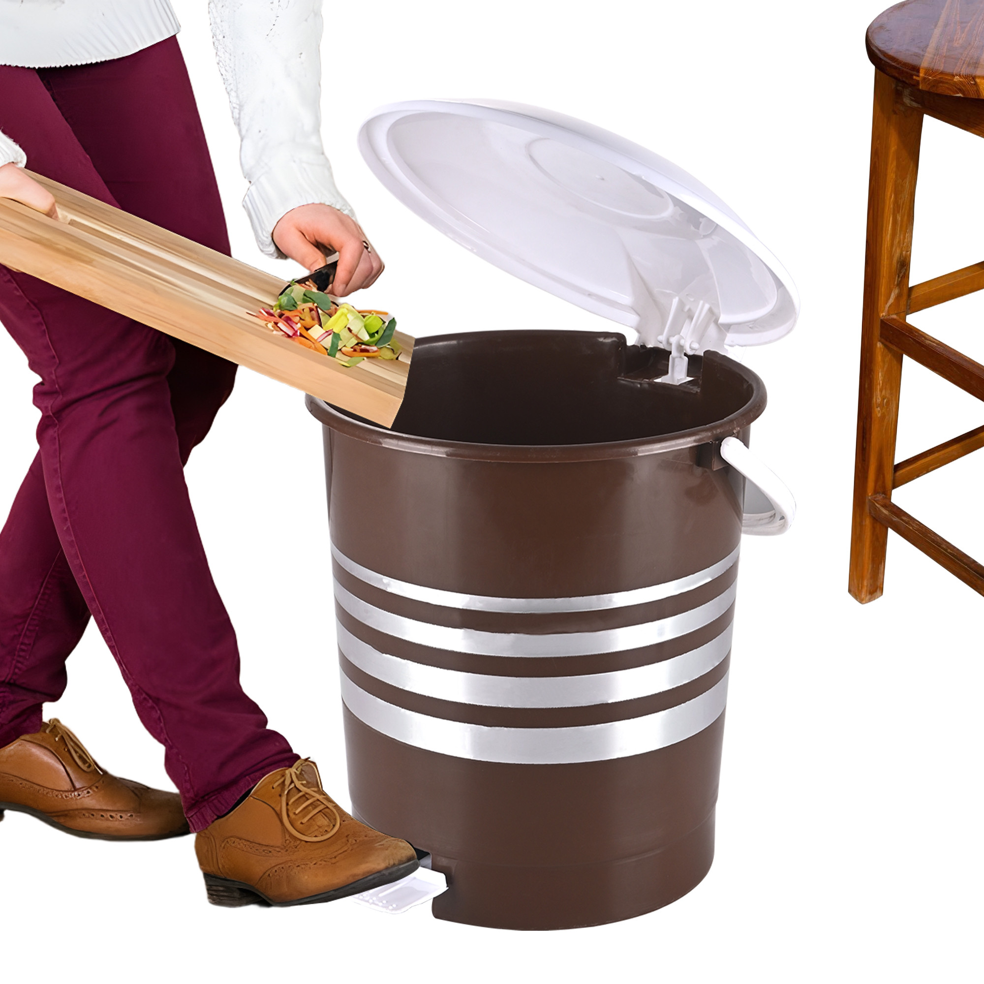 Kuber Industries 10 Ltr Plastic Pedal Dustbin With Handle  Lightweight  Multipurpose Garbage Waste Bin For Home Kitchen Bathroom  Office  Brown  White