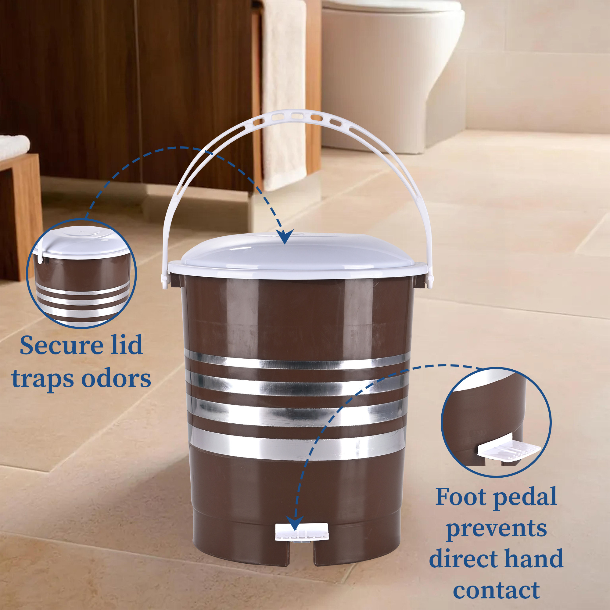 Kuber Industries 10 Ltr Plastic Pedal Dustbin With Handle  Lightweight  Multipurpose Garbage Waste Bin For Home Kitchen Bathroom  Office  Brown  White