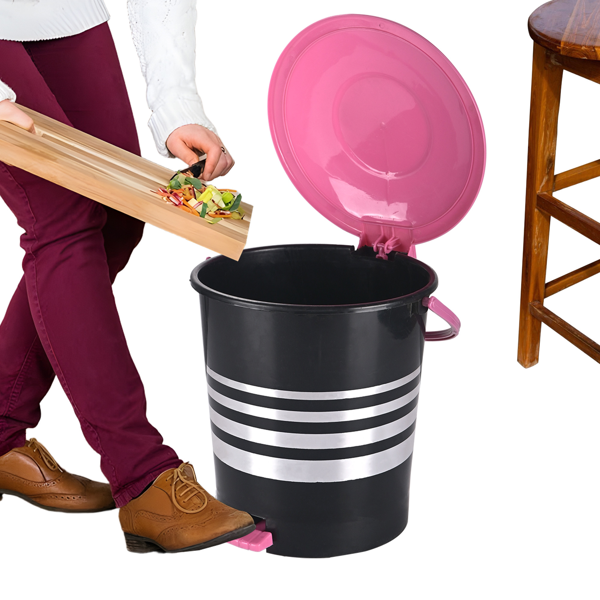 Kuber Industries 10 Ltr Plastic Pedal Dustbin With Handle  Lightweight  Multipurpose Garbage Waste Bin For Home Kitchen Bathroom  Office  Black  Pink