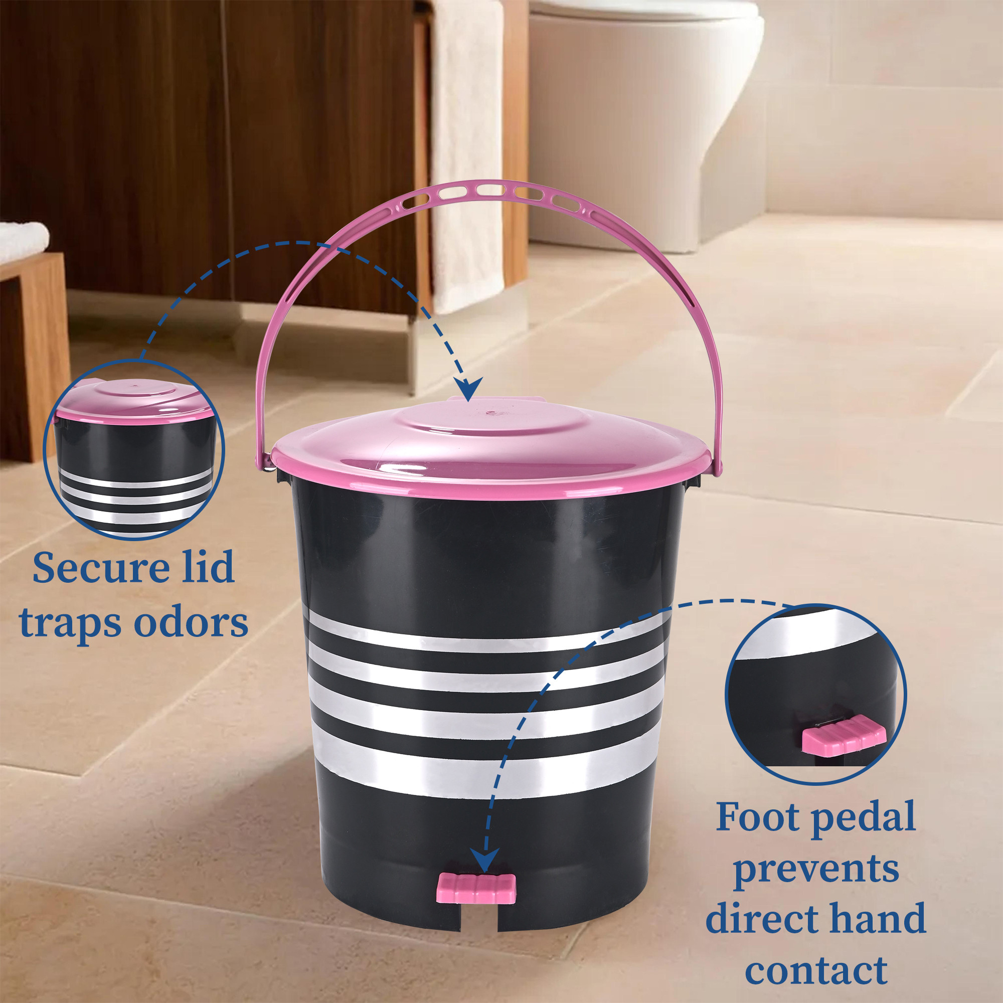 Kuber Industries 10 Ltr Plastic Pedal Dustbin With Handle  Lightweight  Multipurpose Garbage Waste Bin For Home Kitchen Bathroom  Office  Black  Pink