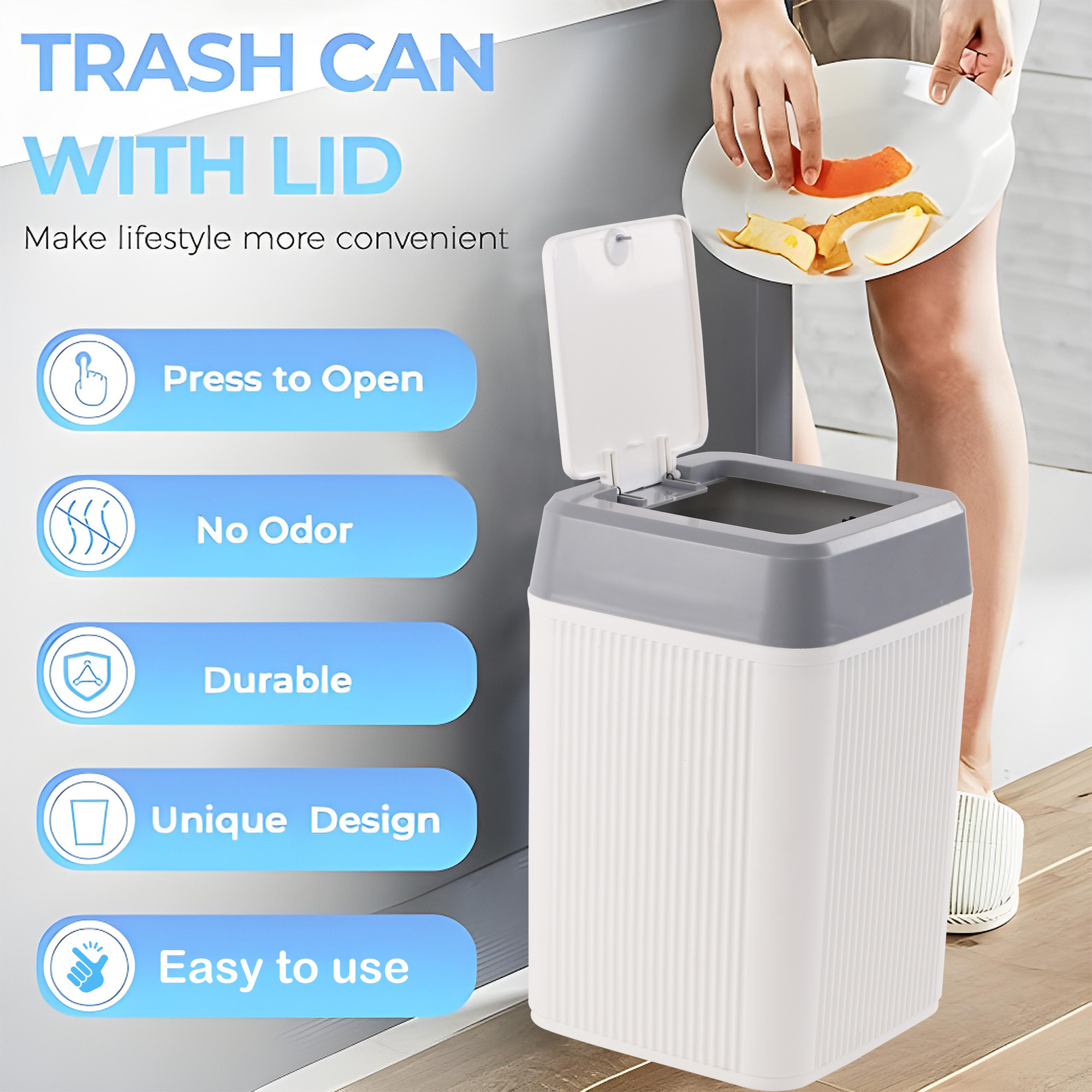 Kuber Industries 10 Ltr Plastic Waste Basket for Kitchen Dustbin with One Touch Press Open Lid  Office and Bathroom Dustbin Garbage Trash Can Bin  Portable Dust Bins for Home  Orbit  White