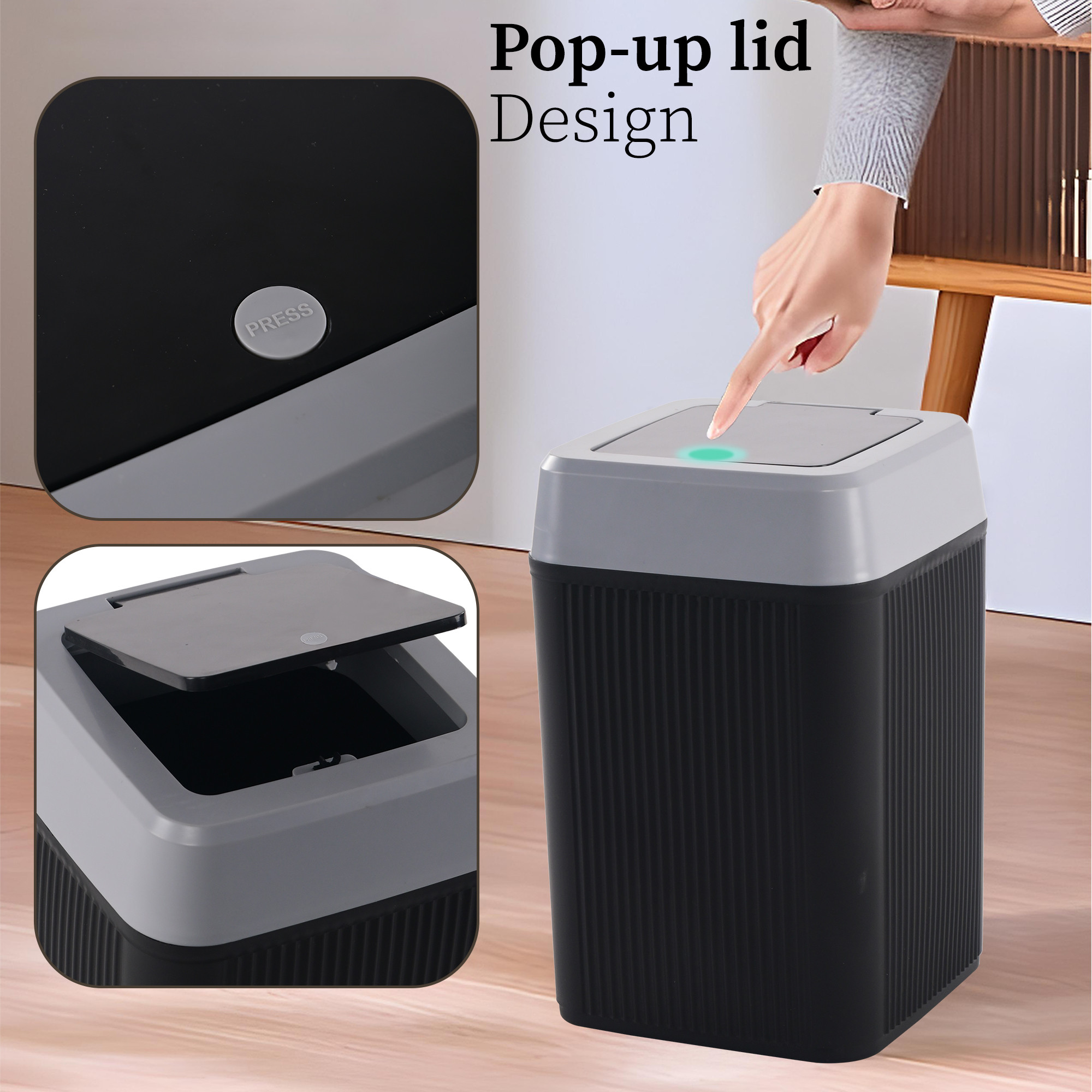 Kuber Industries 10 Ltr Plastic Waste Basket for Kitchen Dustbin with One Touch Press Open Lid  Office and Bathroom Dustbin Garbage Trash Can Bin  Portable Dust Bins for Home  Orbit  Black