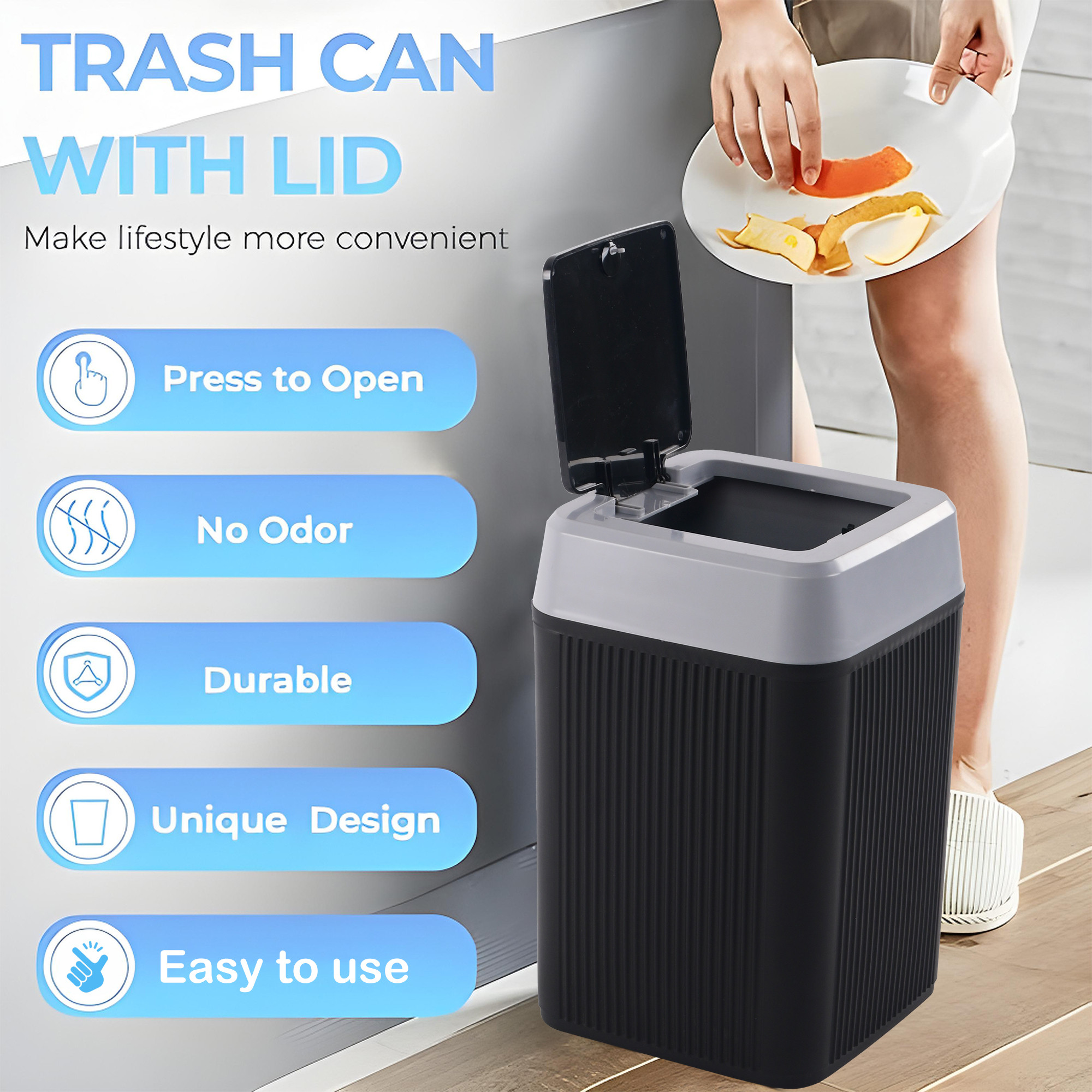 Kuber Industries 10 Ltr Plastic Waste Basket for Kitchen Dustbin with One Touch Press Open Lid  Office and Bathroom Dustbin Garbage Trash Can Bin  Portable Dust Bins for Home  Orbit  Black