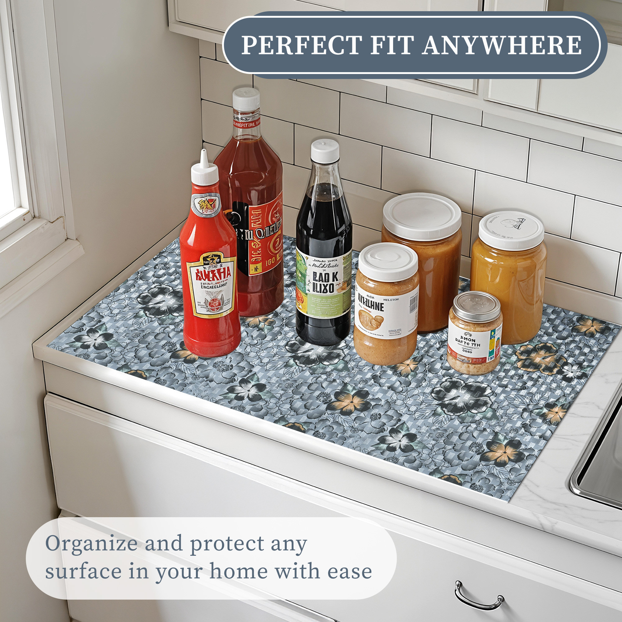 Kuber Industries 10 Meter PVC Anti Slip Roll  Shelf Liners for Kitchen Shelves  Cupboard Liners for Wardrobe  Drawer MatsSheets for Cabinets  Black Flower - Grey