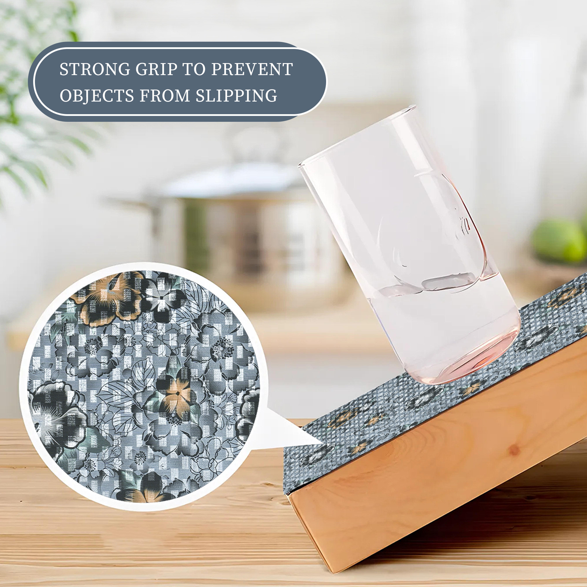 Kuber Industries 10 Meter PVC Anti Slip Roll  Shelf Liners for Kitchen Shelves  Cupboard Liners for Wardrobe  Drawer MatsSheets for Cabinets  Black Flower - Grey