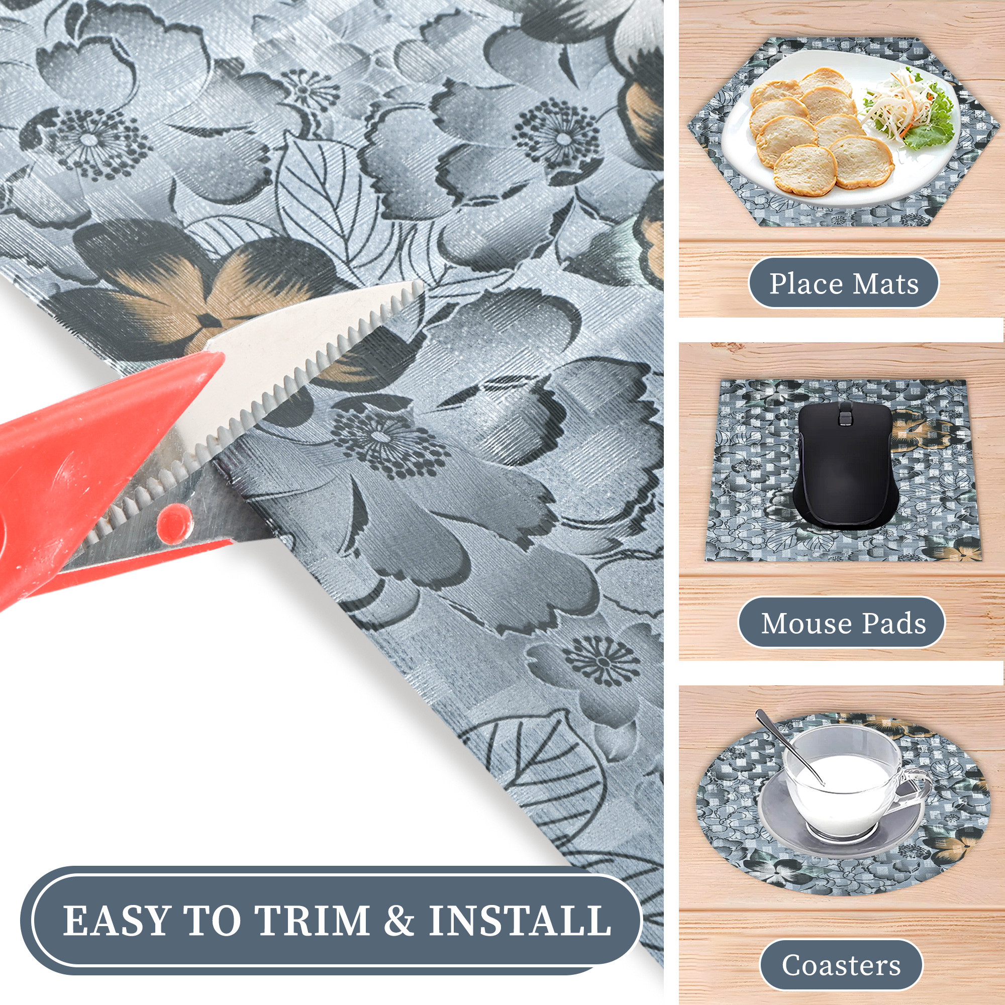 Kuber Industries 10 Meter PVC Anti Slip Roll  Shelf Liners for Kitchen Shelves  Cupboard Liners for Wardrobe  Drawer MatsSheets for Cabinets  Black Flower - Grey