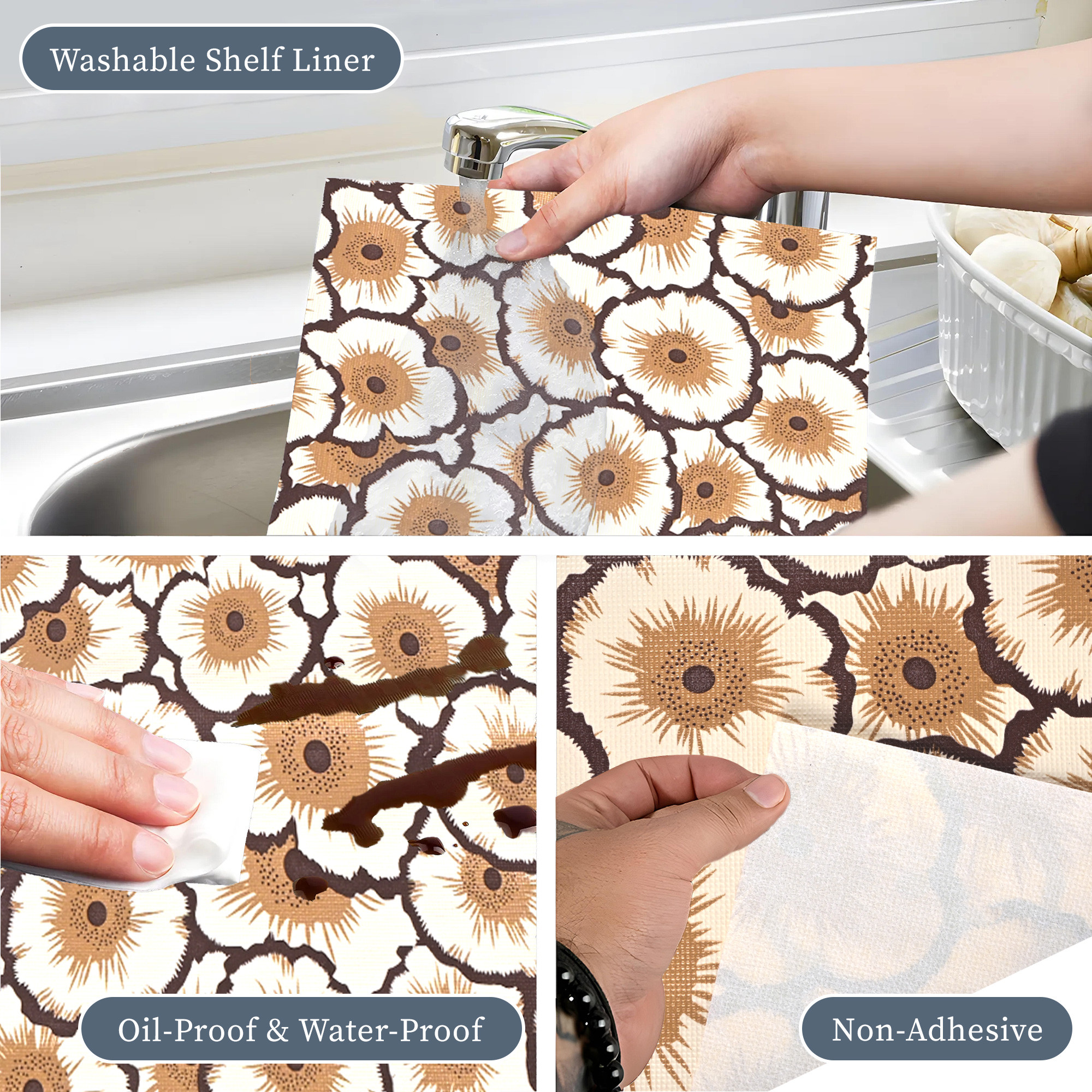 Kuber Industries 10 Meter PVC Shelf Liners for Kitchen Shelves  Cupboard Mats Roll for Wardrobe  Drawer and Fridge Shelf Mat Roll  Cabinet Liners for Shelves  Flower - Cream  Brown