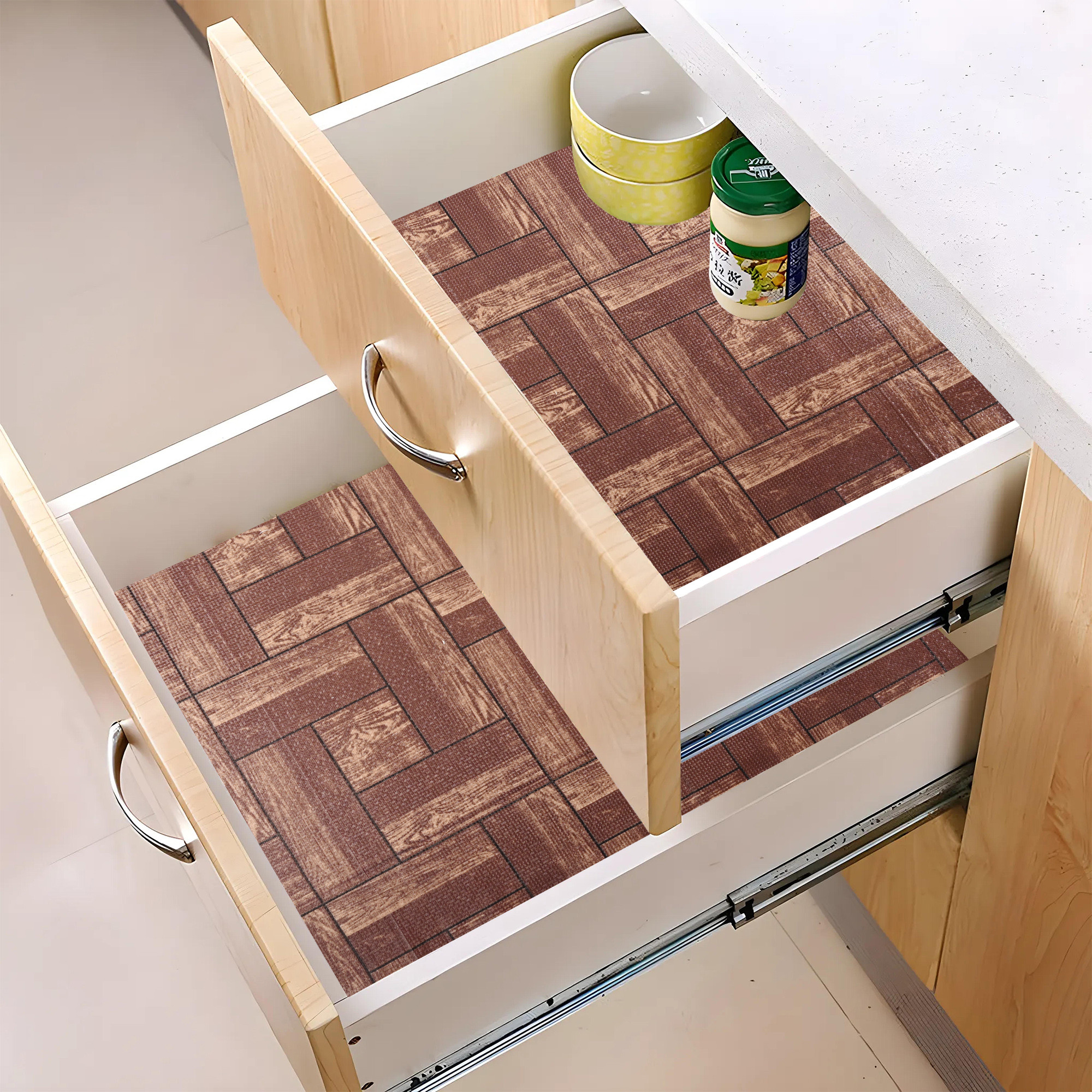 Kuber Industries 10 Meters Waterproof  Durable Kitchen Mats for Shelf Liner Roll  Wipeable Fridge Sheets for Shelves Cabinet Drawer  Wooden Check Print- Dark Brown