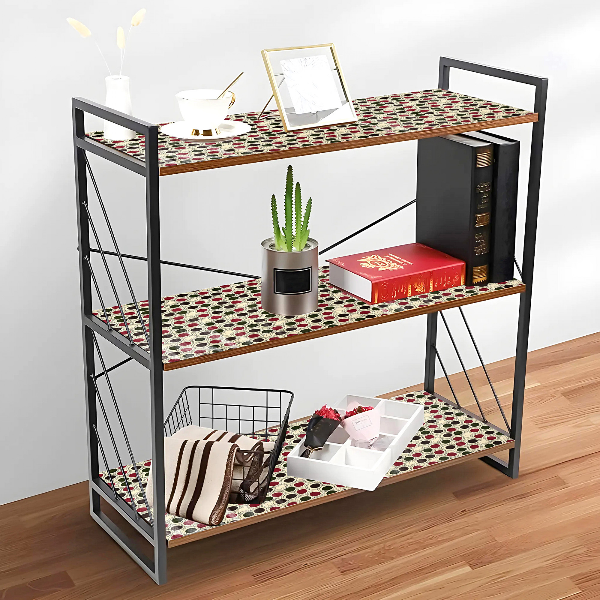 Kuber Industries 10 Meters Waterproof  Durable Kitchen Mats for Shelf Liner Roll  Wipeable Fridge Sheets for Shelves Cabinet Drawer  Red Green Polka Dots - Cream