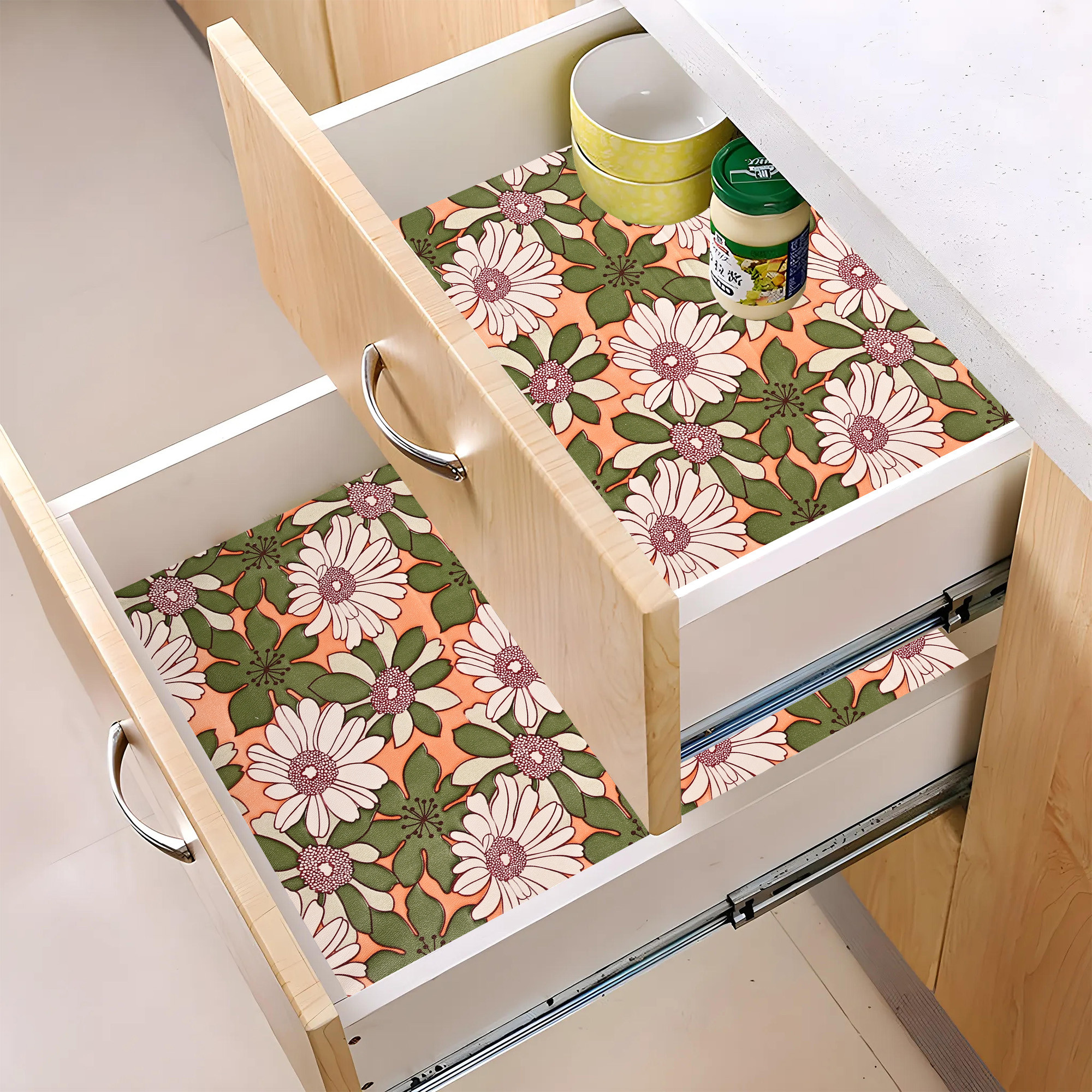 Kuber Industries 10 Meters Waterproof  Durable Kitchen Mats for Shelf Liner Roll  Wipeable Fridge Sheets for Shelves Cabinet Drawer  White  Green Flowers - Orange