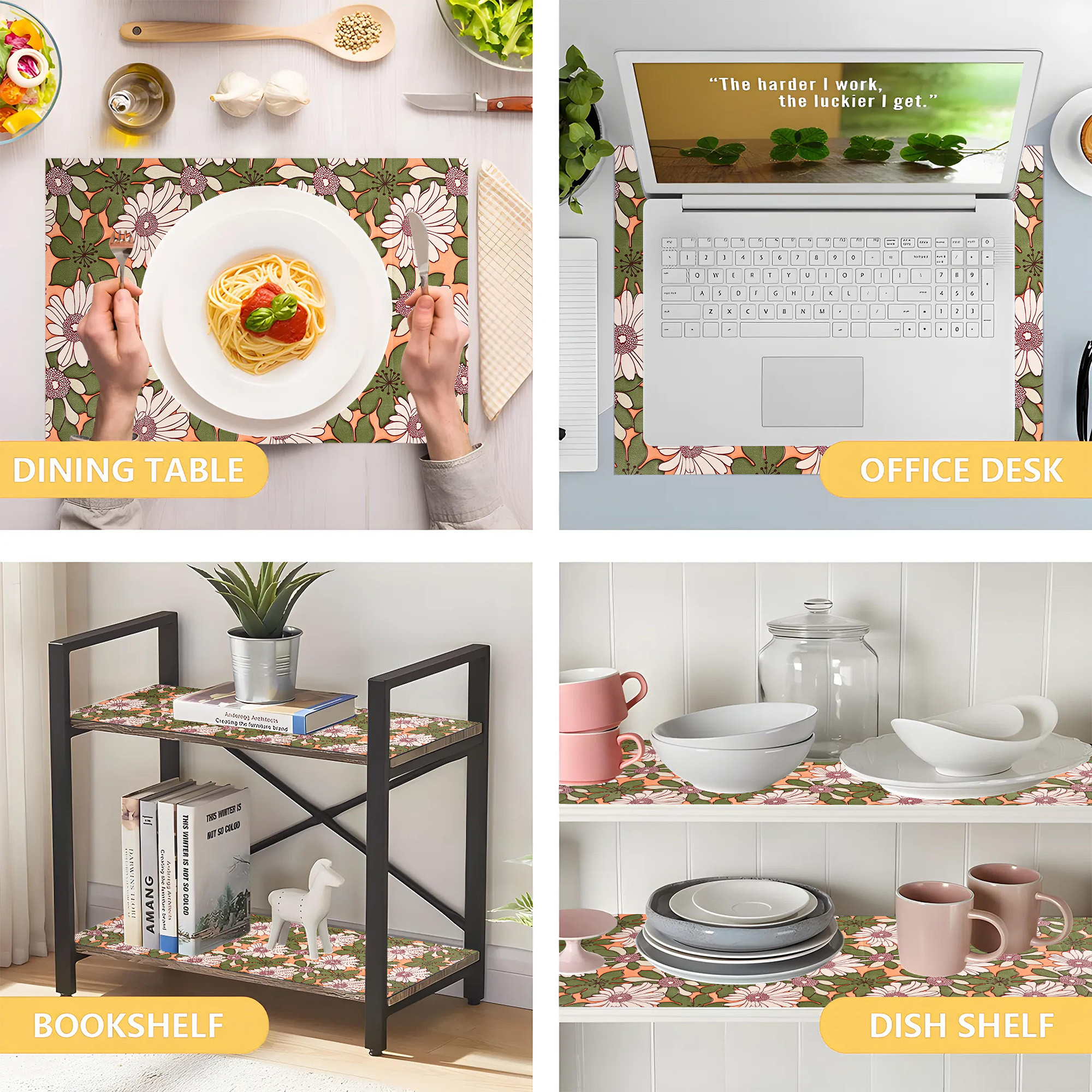 Kuber Industries 10 Meters Waterproof  Durable Kitchen Mats for Shelf Liner Roll  Wipeable Fridge Sheets for Shelves Cabinet Drawer  White  Green Flowers - Orange