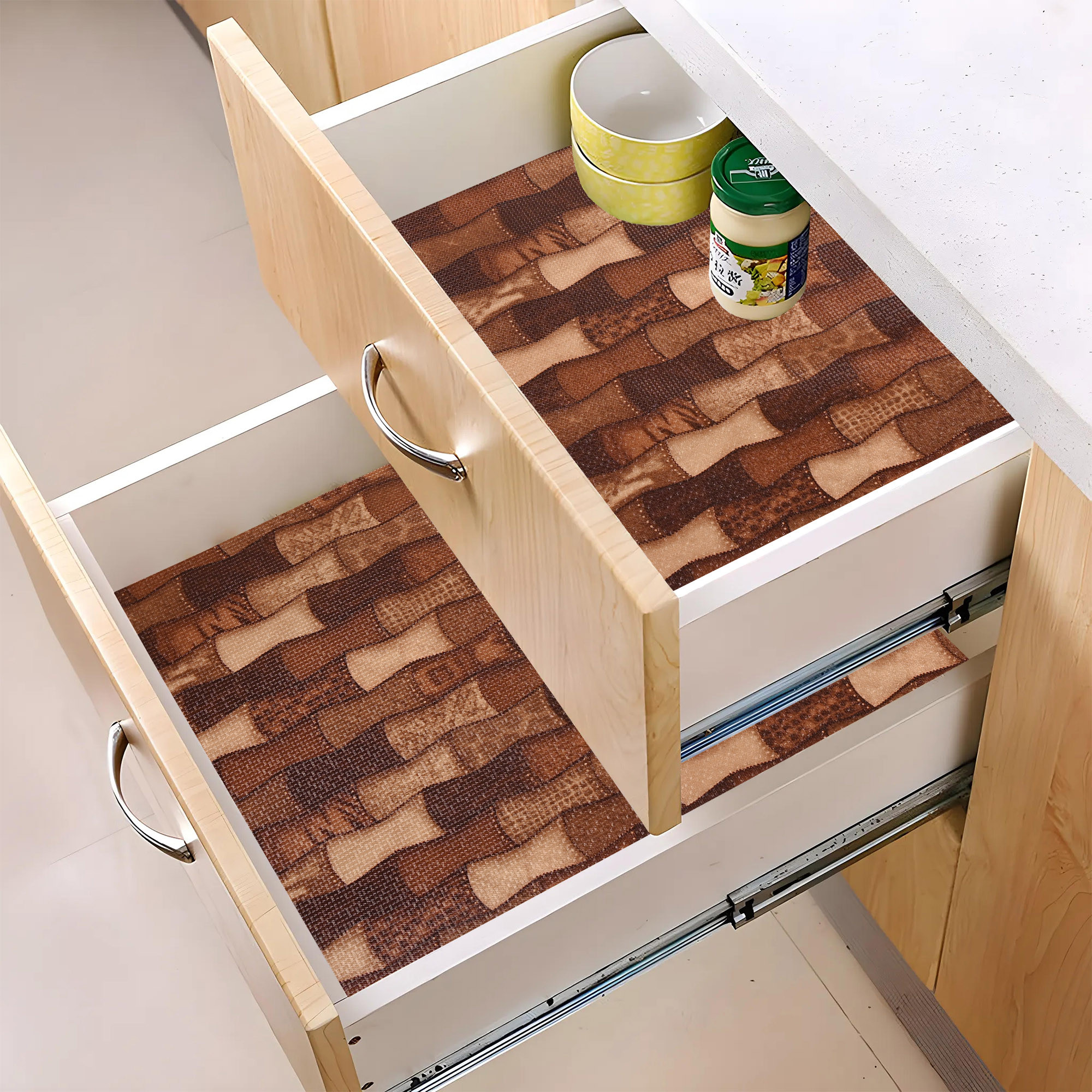 Kuber Industries 10 Meters Waterproof  Durable Kitchen Mats for Shelf Liner Roll  Wipeable Fridge Sheets for Shelves Cabinet Drawer  Damru Print - Dark  Light Brown