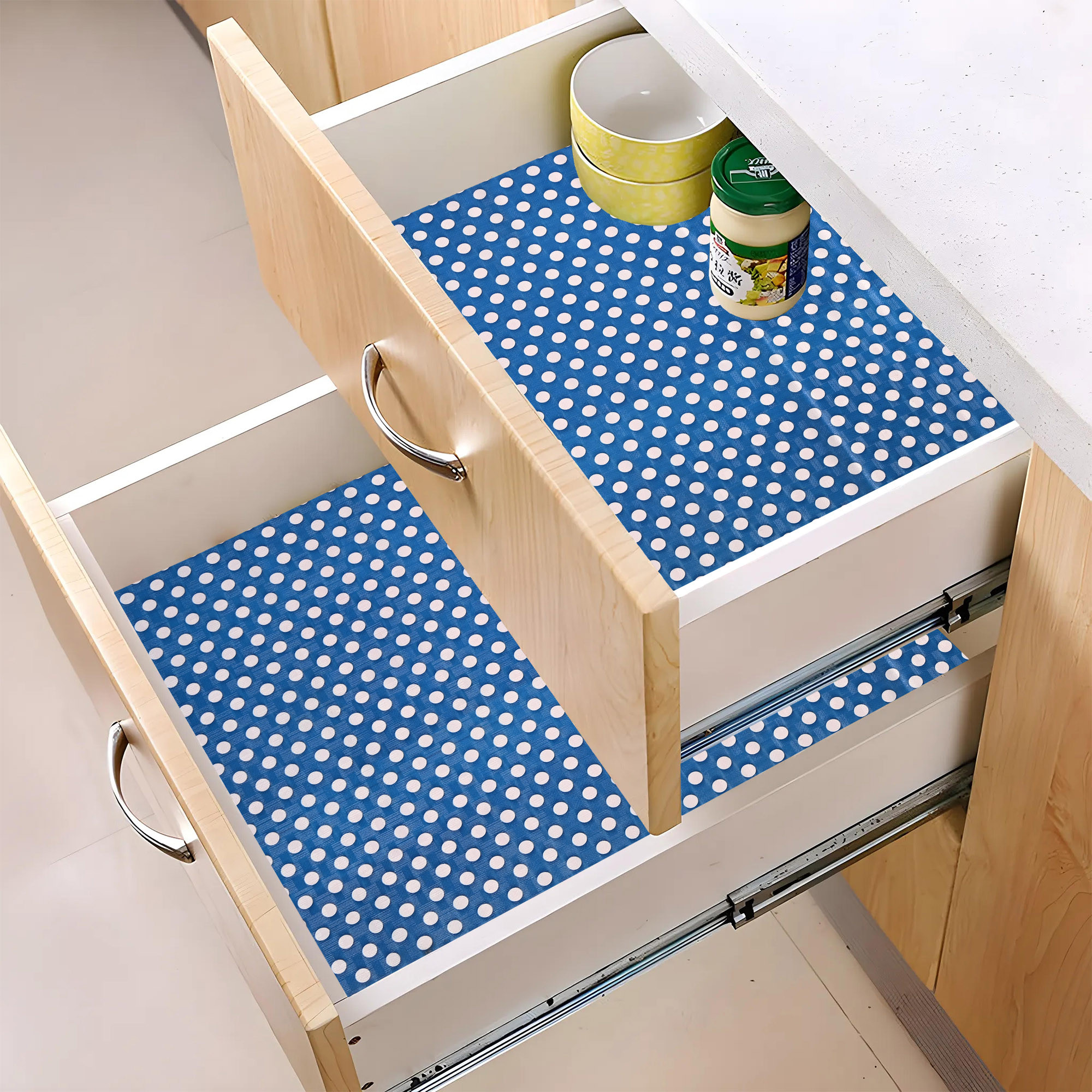 Kuber Industries 10 Meters Waterproof  Durable Kitchen Mats for Shelf Liner Roll  Wipeable Fridge Sheets for Shelves Cabinet Drawer  White Polka Dot - Blue
