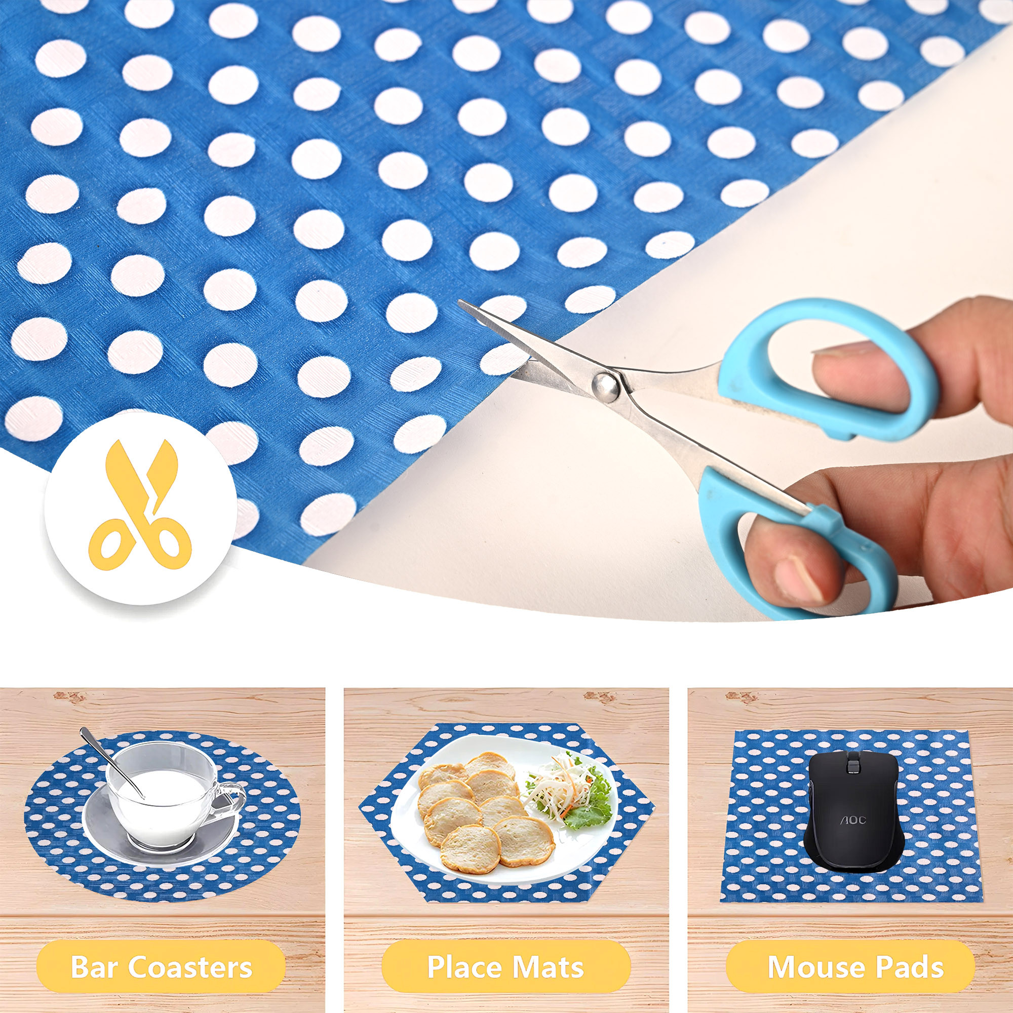 Kuber Industries 10 Meters Waterproof  Durable Kitchen Mats for Shelf Liner Roll  Wipeable Fridge Sheets for Shelves Cabinet Drawer  White Polka Dot - Blue