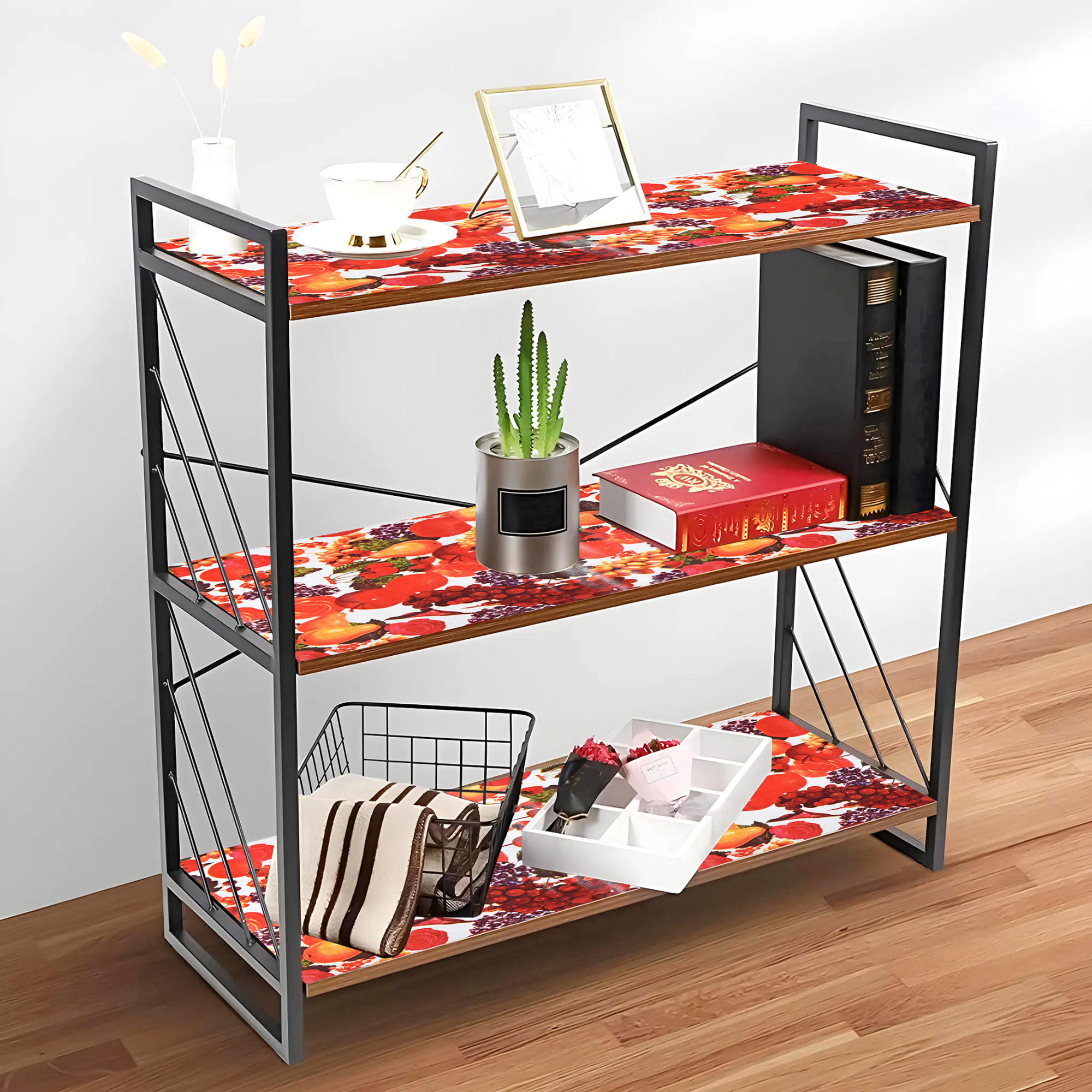 Kuber Industries 10 Meters Waterproof  Durable Kitchen Mats for Shelf Liner Roll  Wipeable Fridge Sheets for Shelves Cabinet Drawer  Fruit Print - Red  White