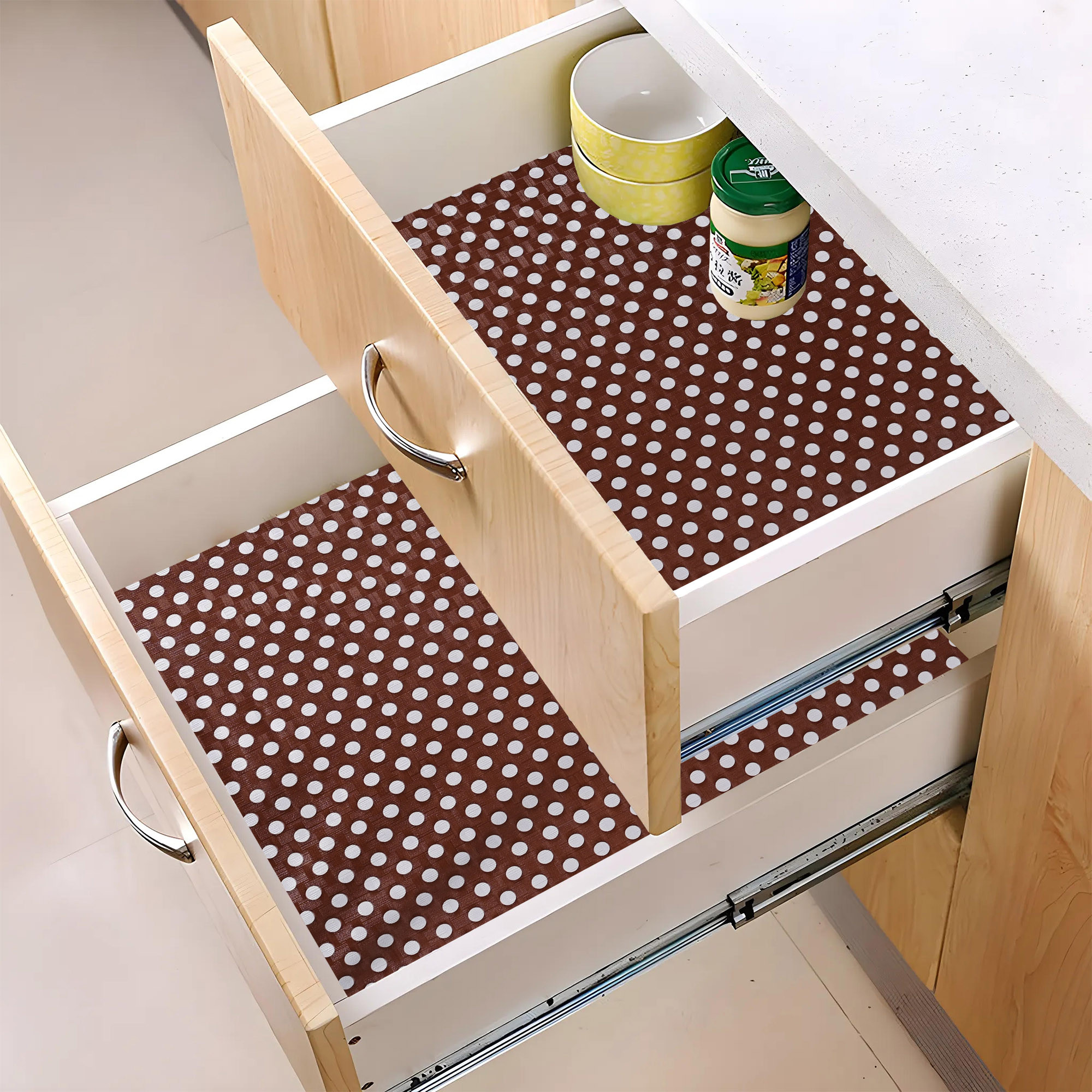 Kuber Industries 10 Meters Waterproof  Durable Kitchen Mats for Shelf Liner Roll  Wipeable Fridge Sheets for Shelves Cabinet Drawer  White Polka Dot - Brown