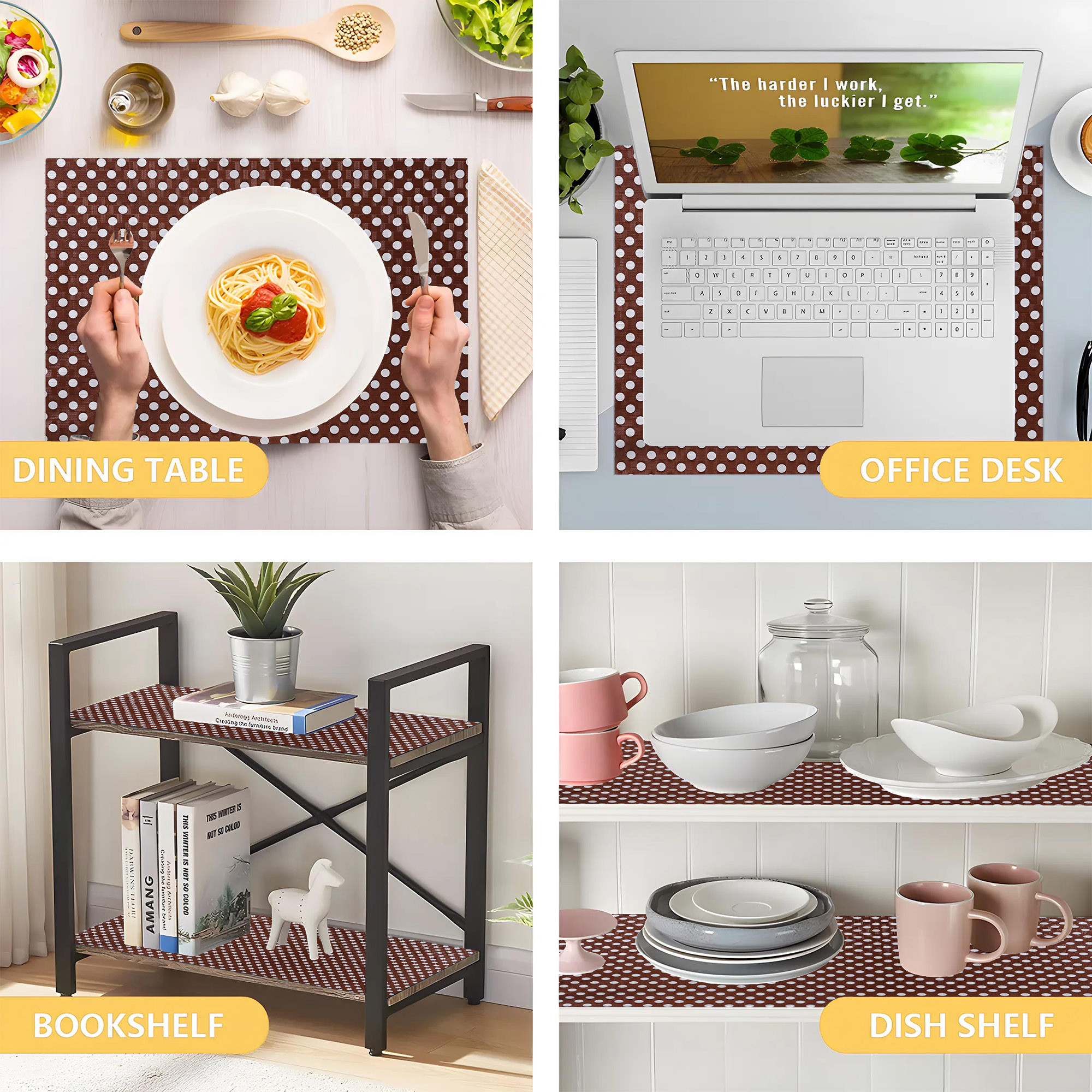 Kuber Industries 10 Meters Waterproof  Durable Kitchen Mats for Shelf Liner Roll  Wipeable Fridge Sheets for Shelves Cabinet Drawer  White Polka Dot - Brown