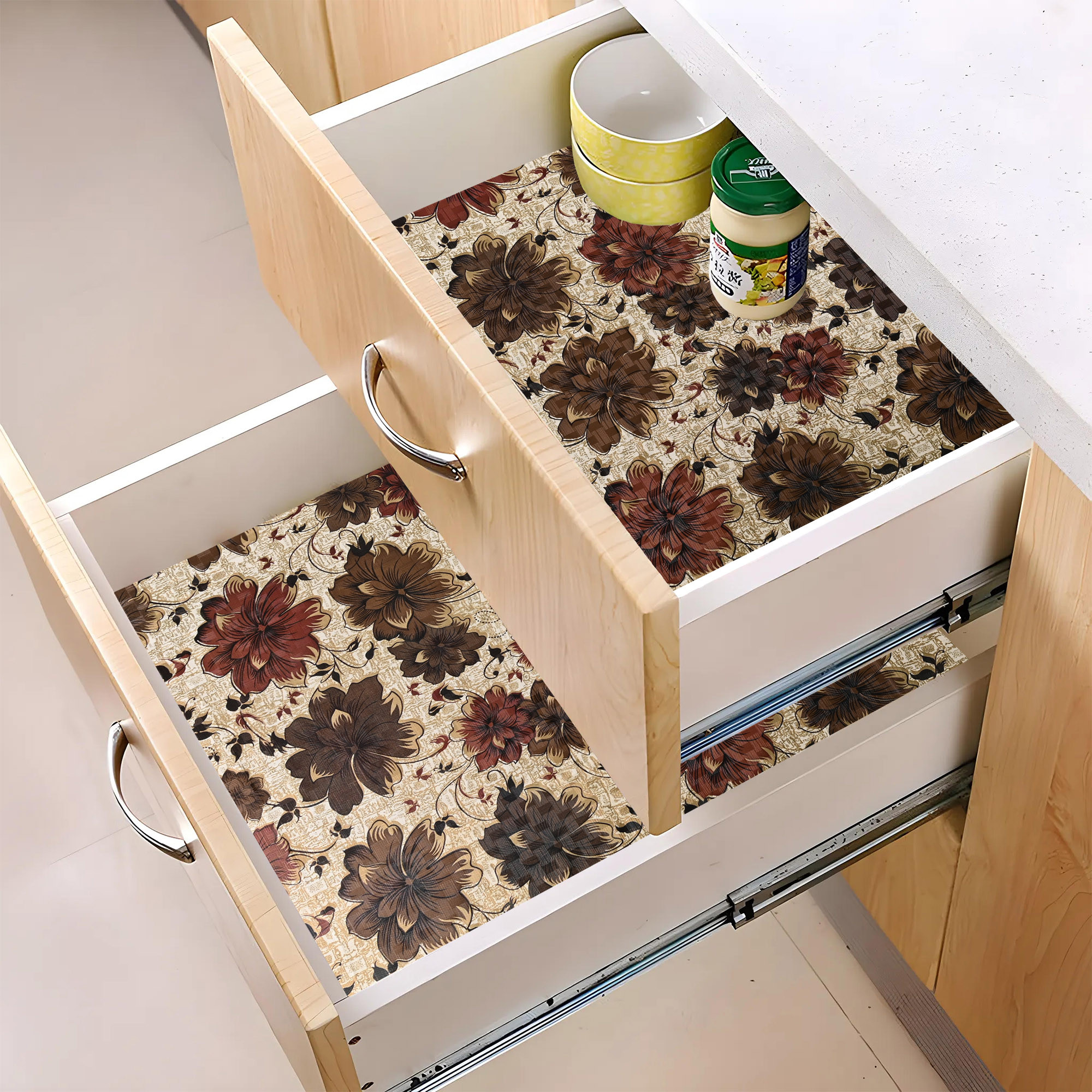 Kuber Industries 10 Meters Waterproof  Durable Kitchen Mats for Shelf Liner Roll  Wipeable Fridge Sheets for Shelves Cabinet Drawer  Brown Flowers - Cream