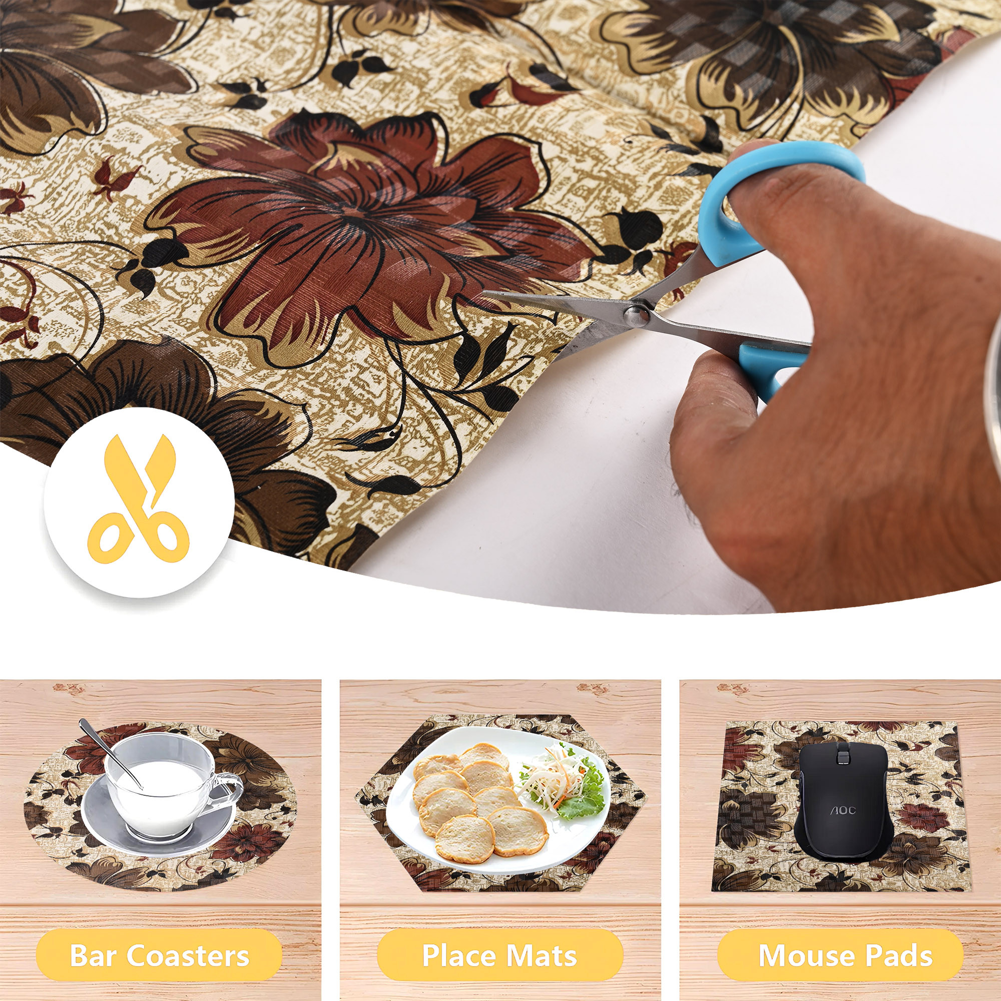 Kuber Industries 10 Meters Waterproof  Durable Kitchen Mats for Shelf Liner Roll  Wipeable Fridge Sheets for Shelves Cabinet Drawer  Brown Flowers - Cream