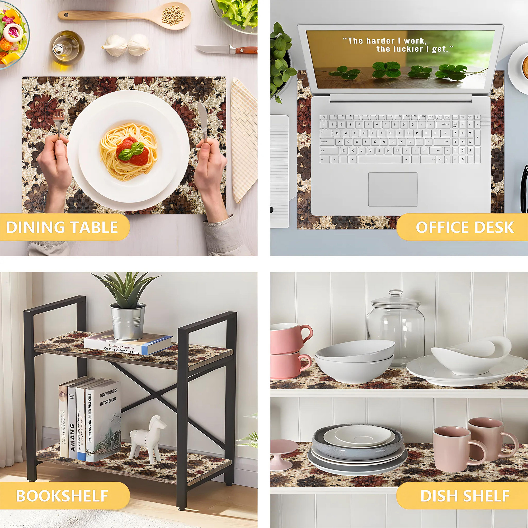 Kuber Industries 10 Meters Waterproof  Durable Kitchen Mats for Shelf Liner Roll  Wipeable Fridge Sheets for Shelves Cabinet Drawer  Brown Flowers - Cream