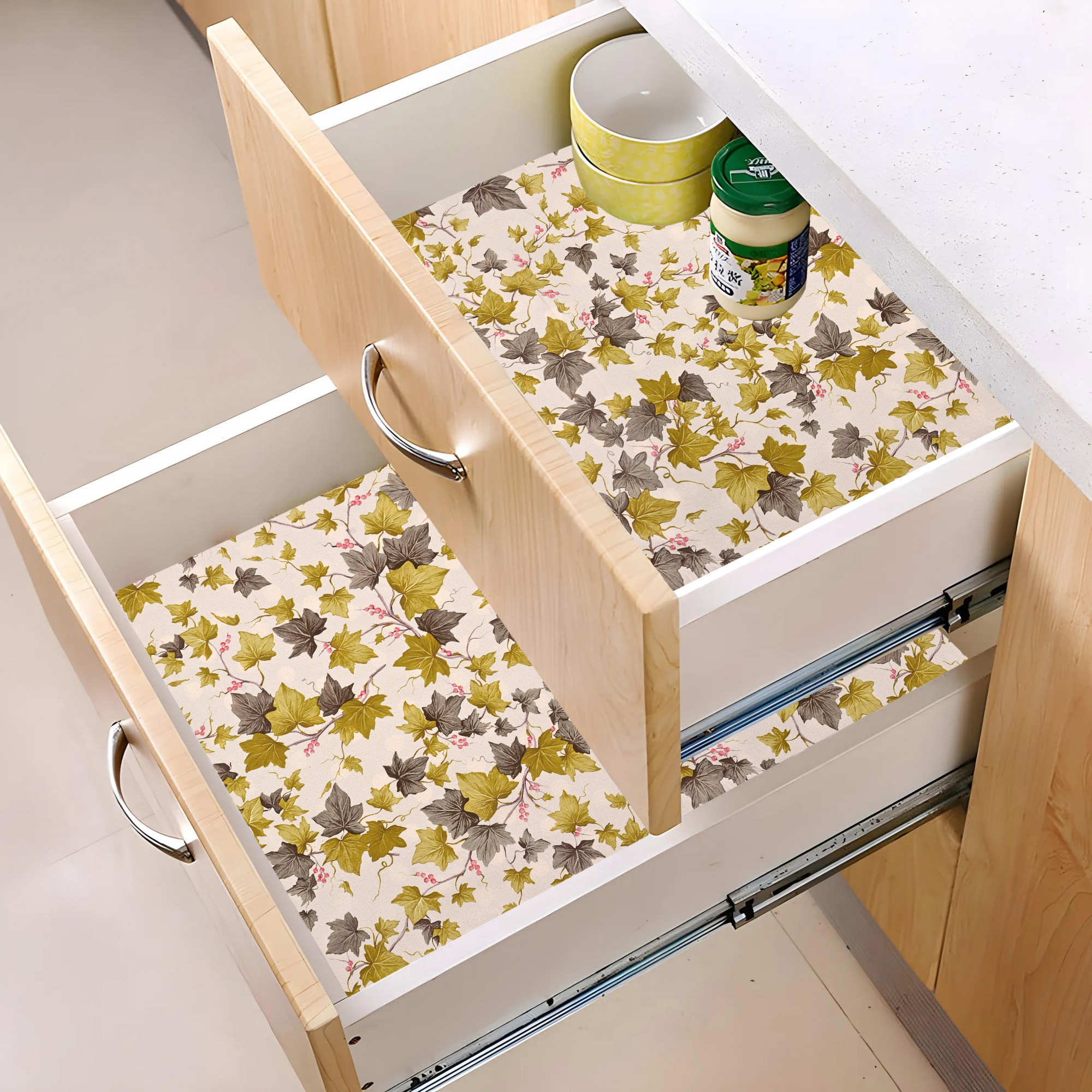 Kuber Industries 10 Meters Waterproof  Durable Kitchen Mats for Shelf Liner Roll  Wipeable Fridge Sheets for Shelves Cabinet Drawer  Grey  Green Leaf - Cream