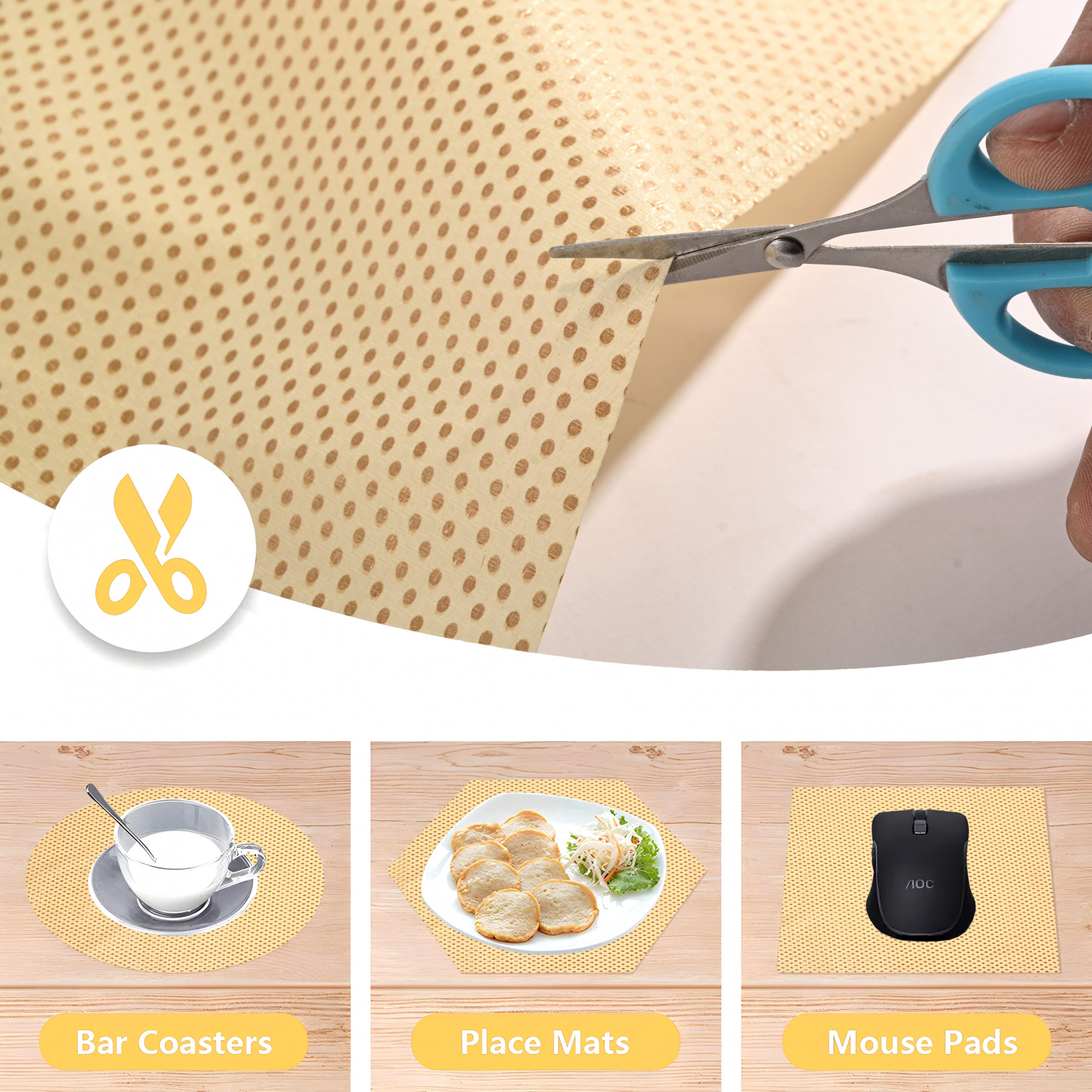 Kuber Industries 10 Meters Waterproof  Durable Kitchen Mats for Shelf Liner Roll  Wipeable Fridge Sheets for Shelves Cabinet Drawer  Polka Dots Golden - Cream