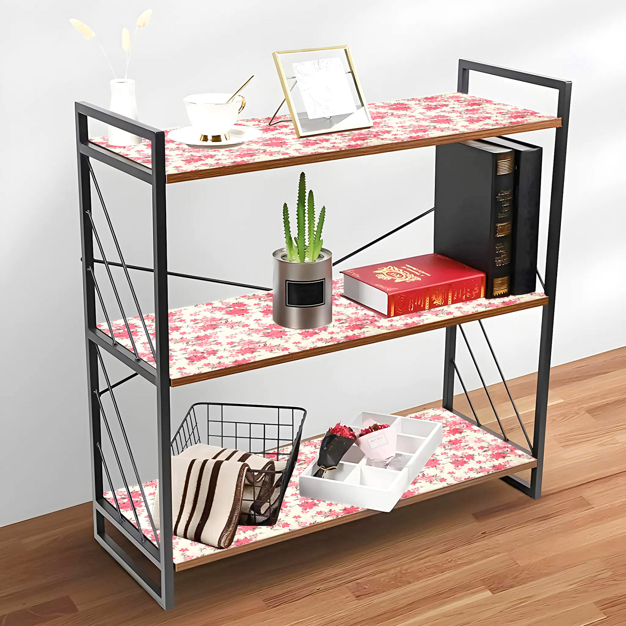 Kuber Industries 10 Meters Waterproof  Durable Kitchen Mats for Shelf Liner Roll  Wipeable Fridge Sheets for Shelves Cabinet Drawer  Flower Print Pink - Cream