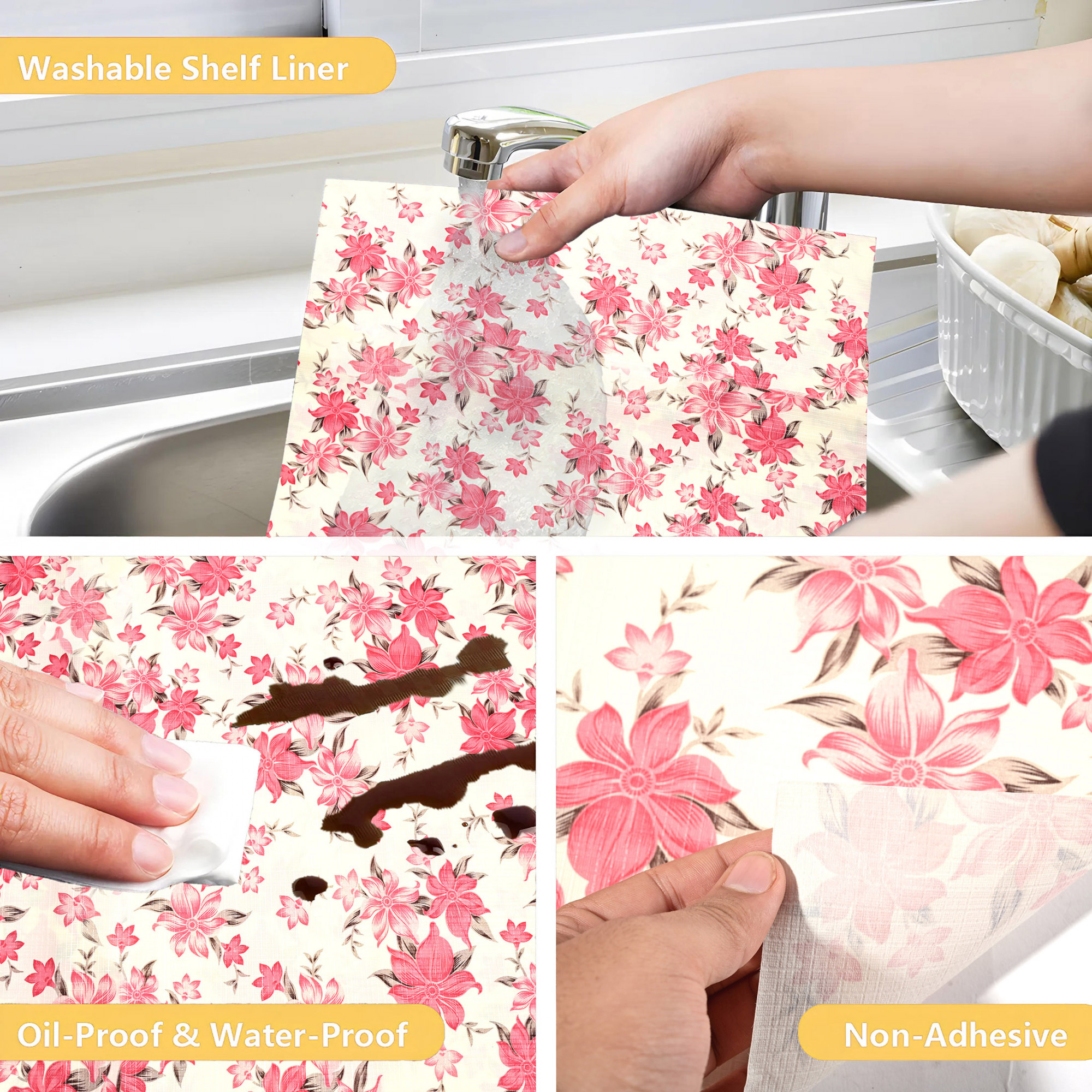 Kuber Industries 10 Meters Waterproof  Durable Kitchen Mats for Shelf Liner Roll  Wipeable Fridge Sheets for Shelves Cabinet Drawer  Flower Print Pink - Cream