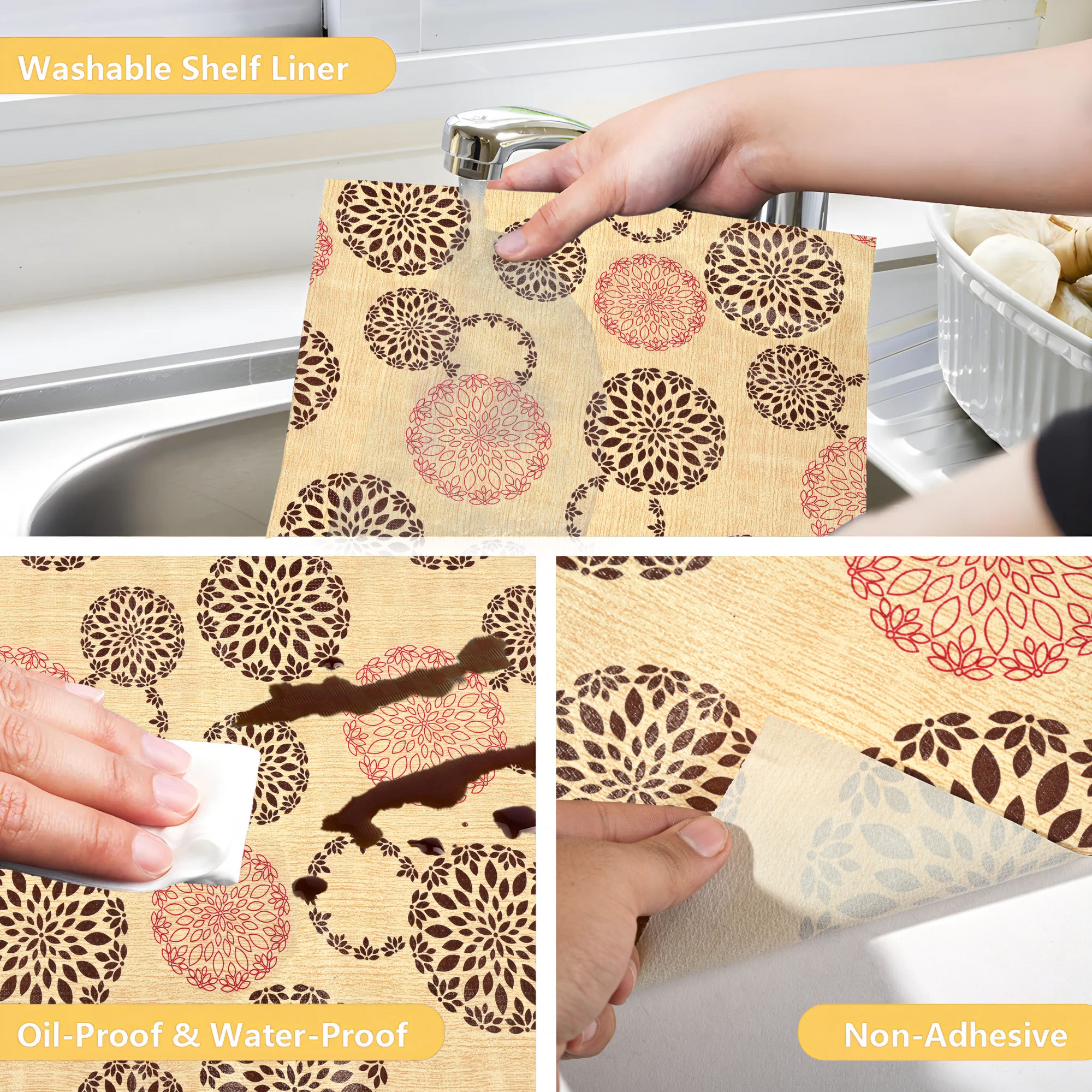 Kuber Industries 10 Meters Waterproof  Durable Kitchen Mats for Shelf Liner Roll  Wipeable Fridge Sheets for Shelves Cabinet Drawer  Rangoli Brown - Beige