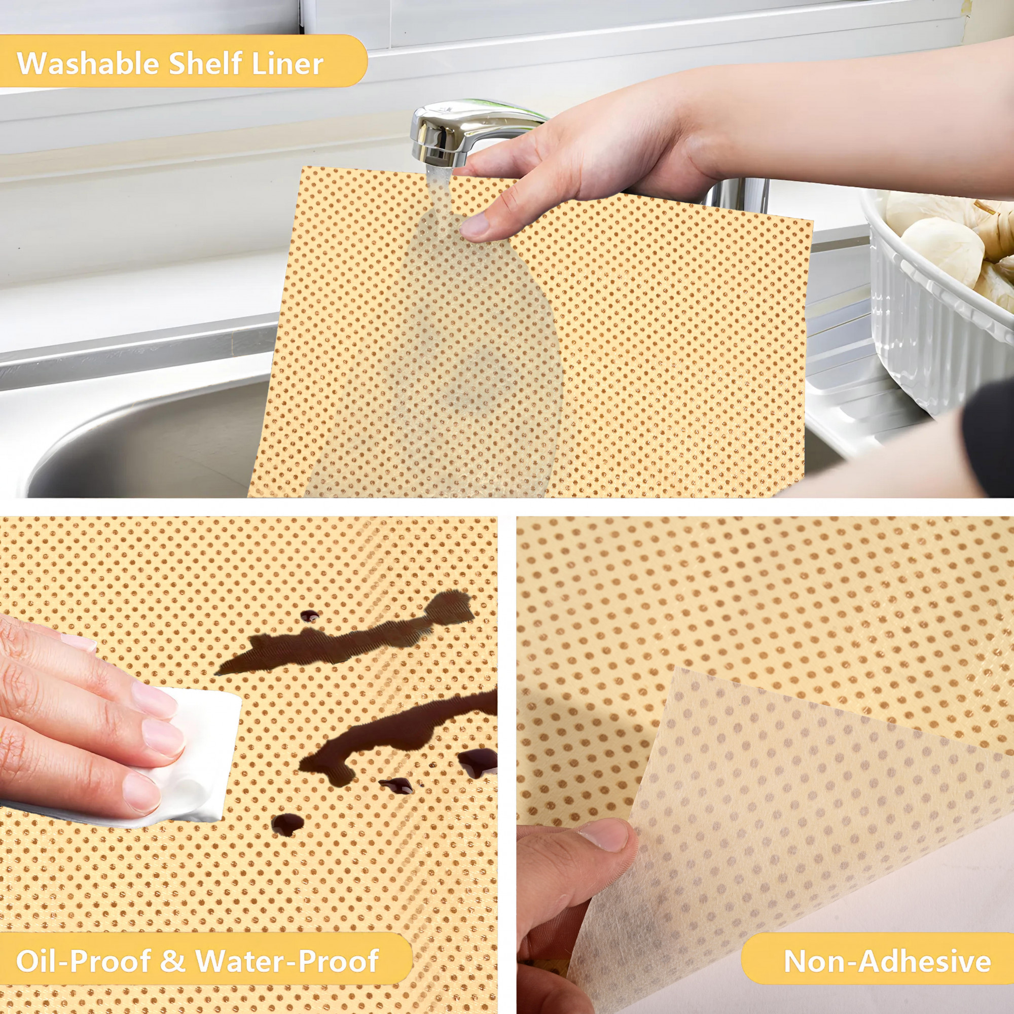 Kuber Industries 10 Meters Waterproof  Durable Kitchen Mats for Shelf Liner Roll  Wipeable Fridge Sheets for Shelves Cabinet Drawer  Polka Dots Golden - Cream
