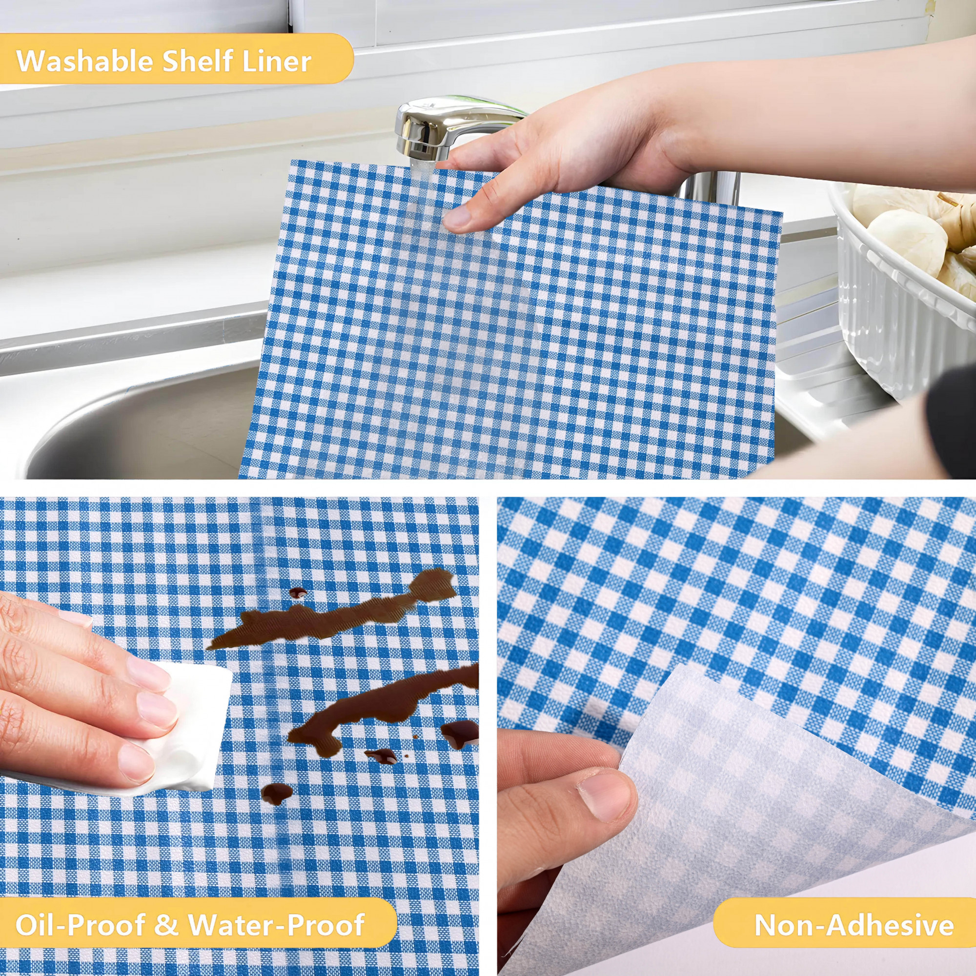 Kuber Industries 10 Meters Waterproof  Durable Kitchen Mats for Shelf Liner Roll  Wipeable Fridge Sheets for Shelves Cabinet Drawer  Barik Check - White  Blue
