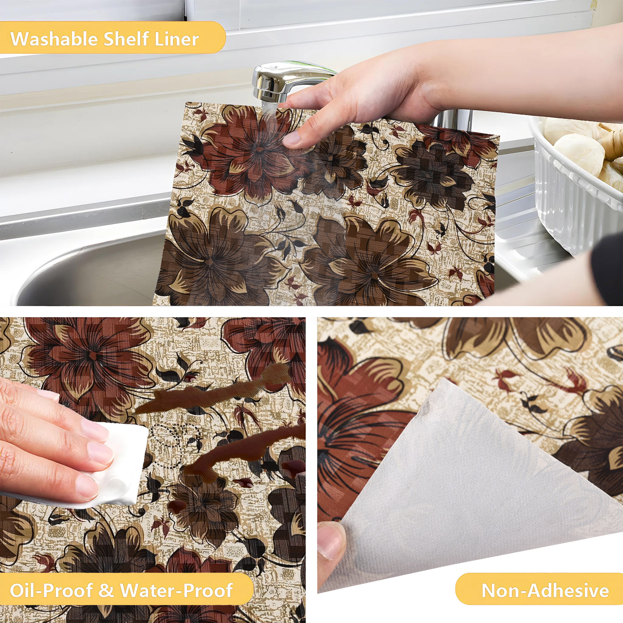 Kuber Industries 10 Meters Waterproof  Durable Kitchen Mats for Shelf Liner Roll  Wipeable Fridge Sheets for Shelves Cabinet Drawer  Kerry Print - Cream