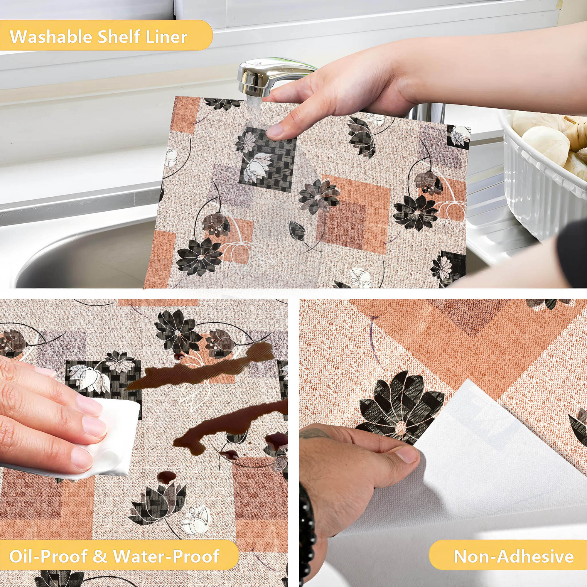 Kuber Industries 10 Meters Waterproof  Durable Kitchen Mats for Shelf Liner Roll  Wipeable Fridge Sheets for Shelves Cabinet Drawer  Lotus Print - Brown  Pink