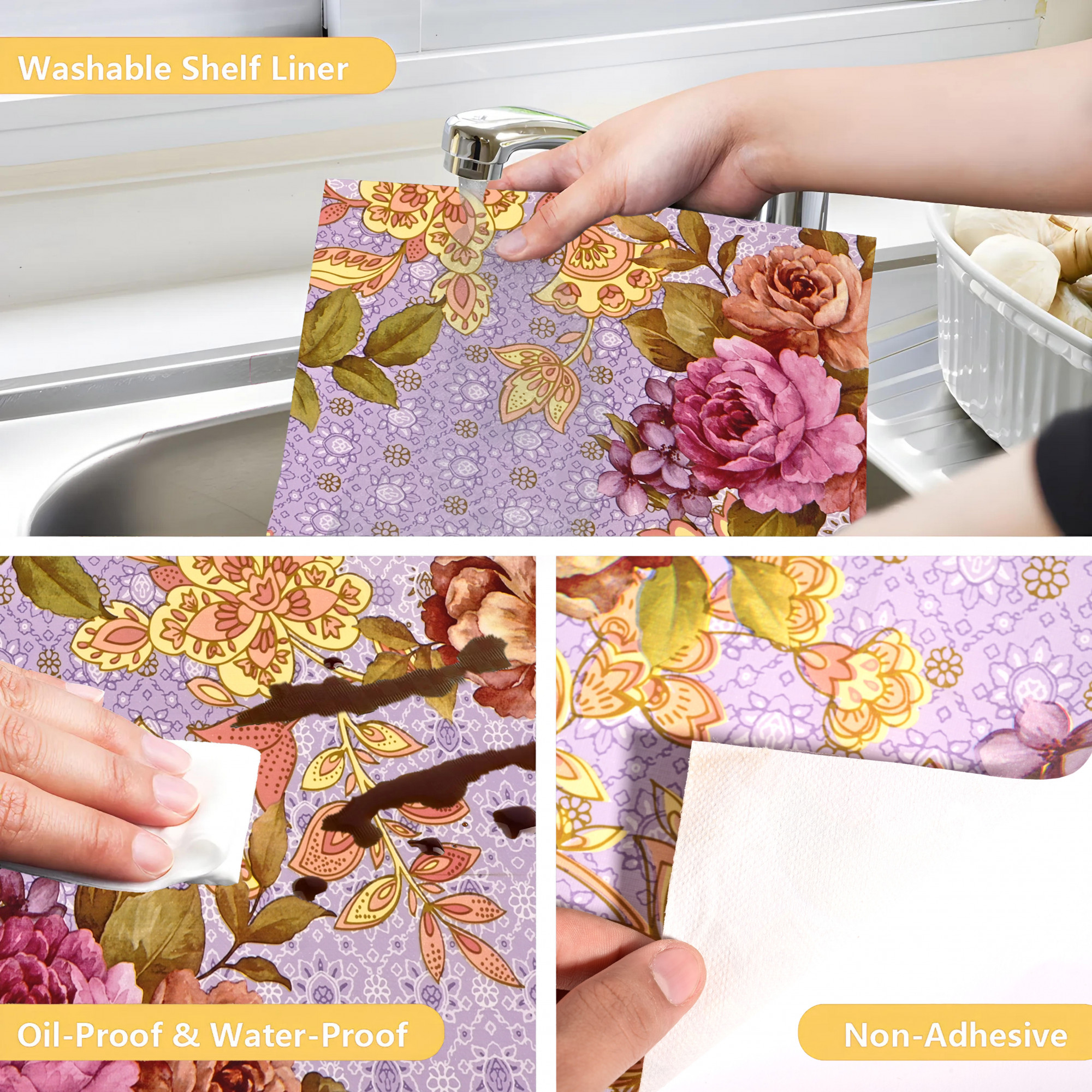 Kuber Industries 10 Meters Waterproof  Durable Kitchen Mats for Shelf Liner Roll  Wipeable Fridge Sheets for Shelves Cabinet Drawer  Flower Print - Lavender