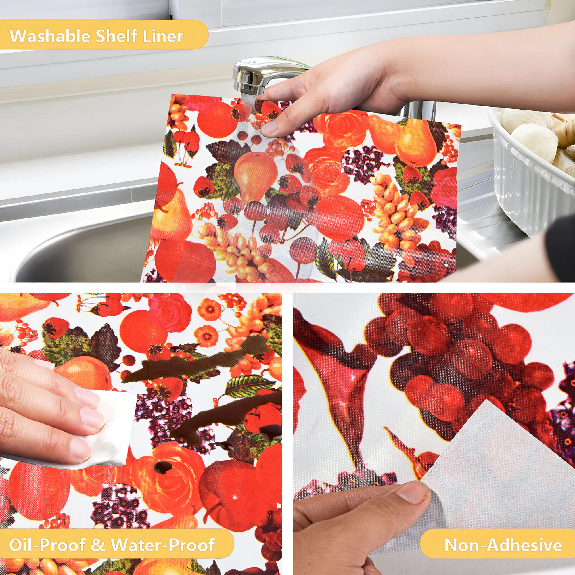 Kuber Industries 10 Meters Waterproof  Durable Kitchen Mats for Shelf Liner Roll  Wipeable Fridge Sheets for Shelves Cabinet Drawer  Fruit Print - Red  White
