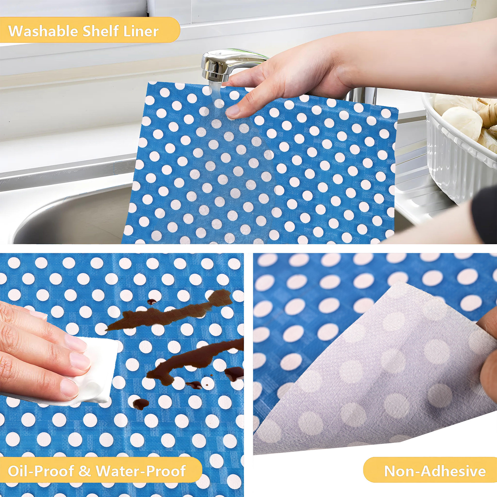 Kuber Industries 10 Meters Waterproof  Durable Kitchen Mats for Shelf Liner Roll  Wipeable Fridge Sheets for Shelves Cabinet Drawer  White Polka Dot - Blue