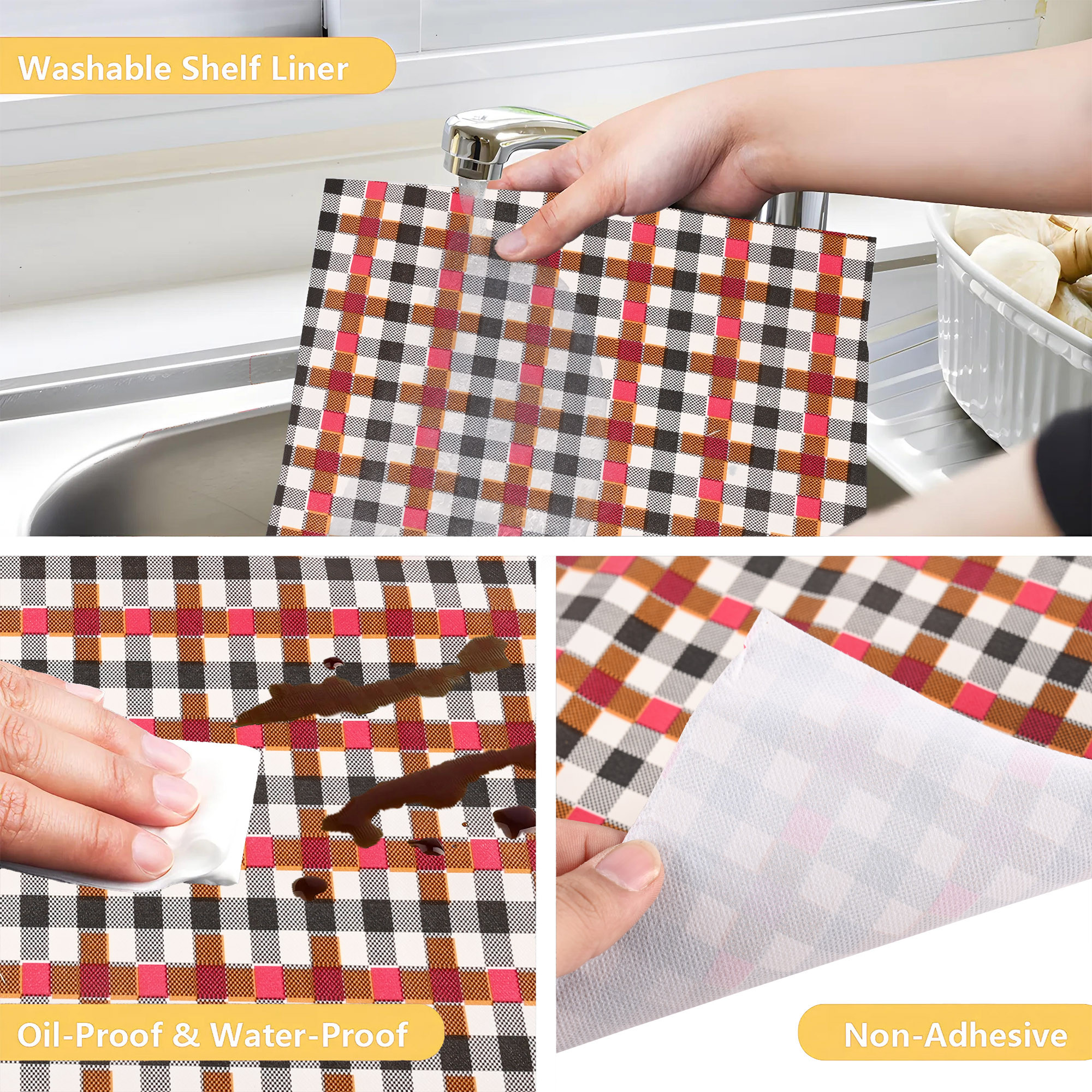 Kuber Industries 10 Meters Waterproof  Durable Kitchen Mats for Shelf Liner Roll  Wipeable Fridge Sheets for Shelves Cabinet Drawer  Barik Check - Red  Black