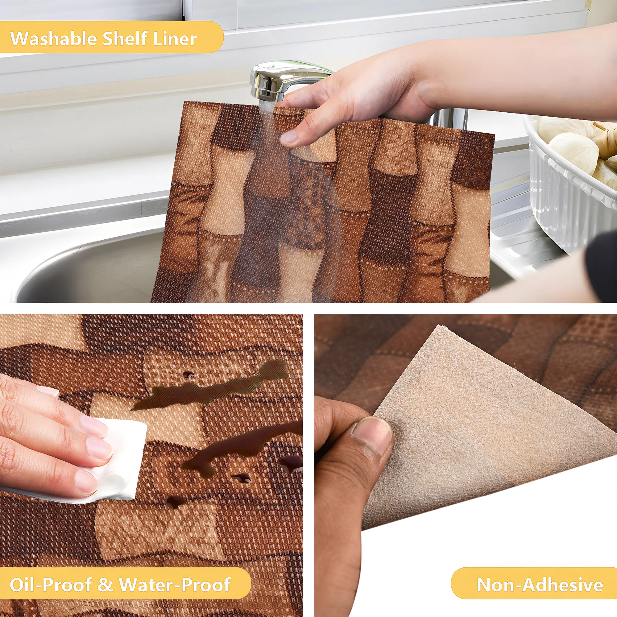 Kuber Industries 10 Meters Waterproof  Durable Kitchen Mats for Shelf Liner Roll  Wipeable Fridge Sheets for Shelves Cabinet Drawer  Damru Print - Dark  Light Brown